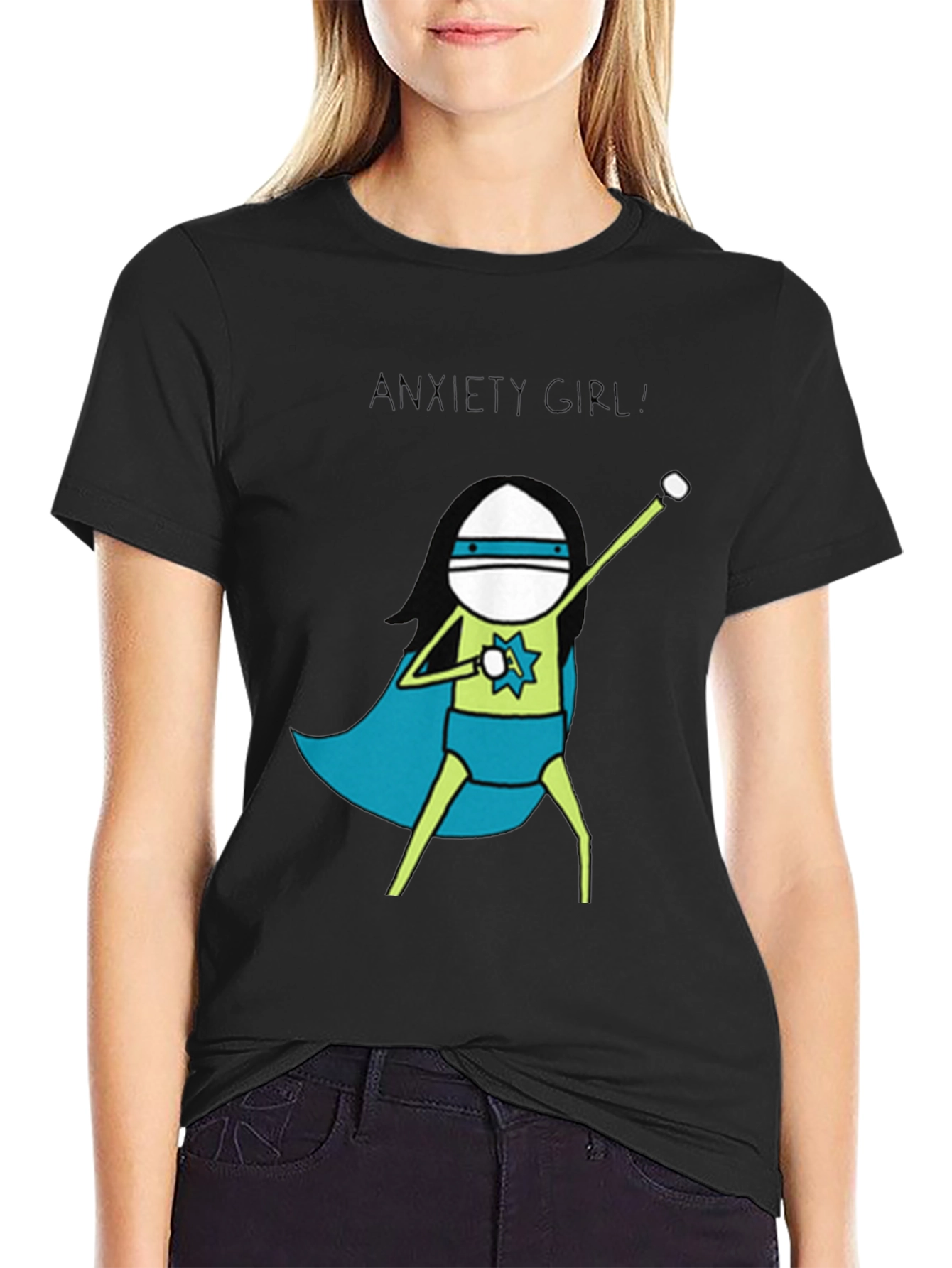 Anxiety Girl Superhero Graphic Tee - Black Cotton T-Shirt