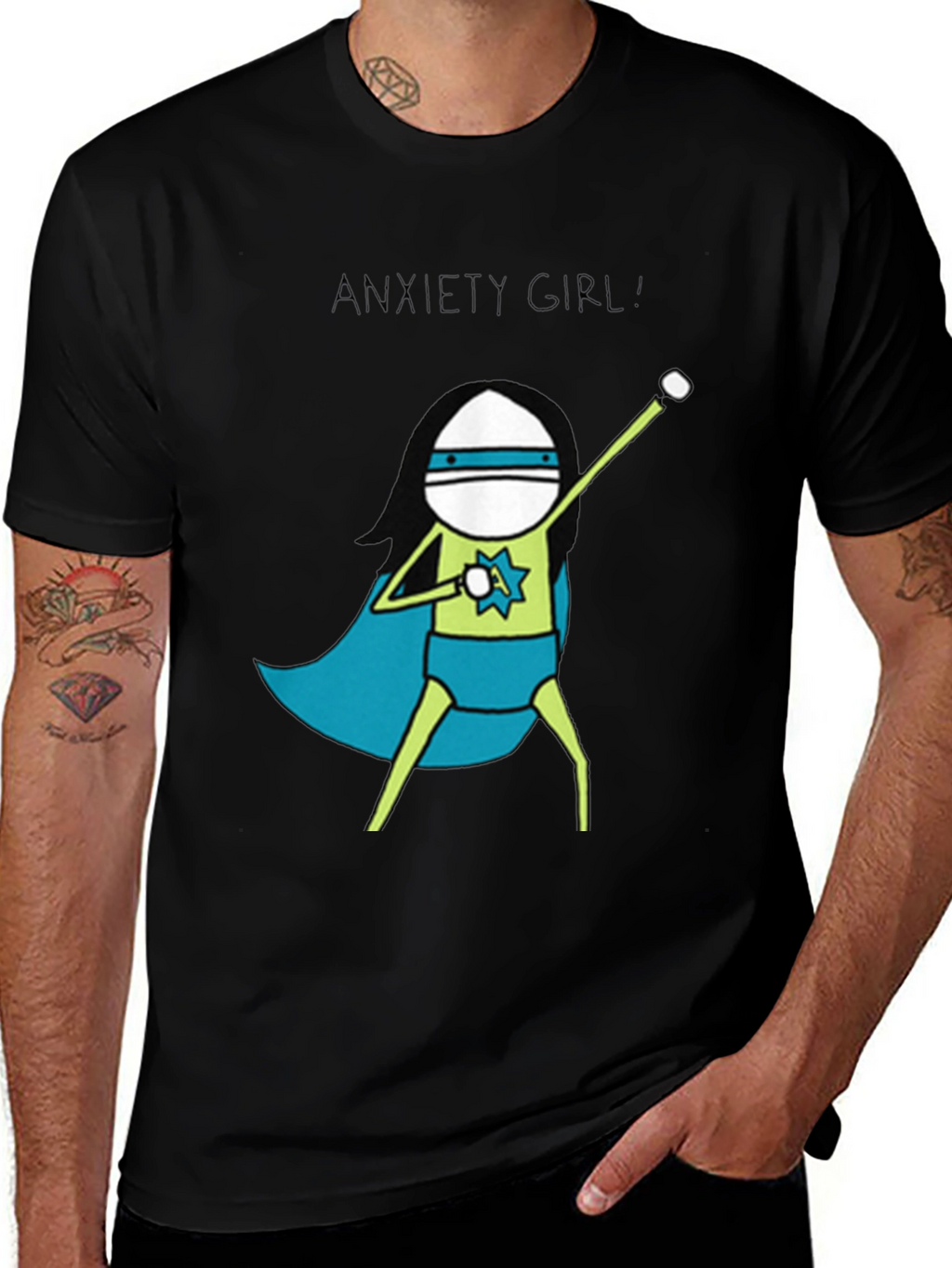Anxiety Girl Superhero Graphic Tee - Black Cotton T-Shirt