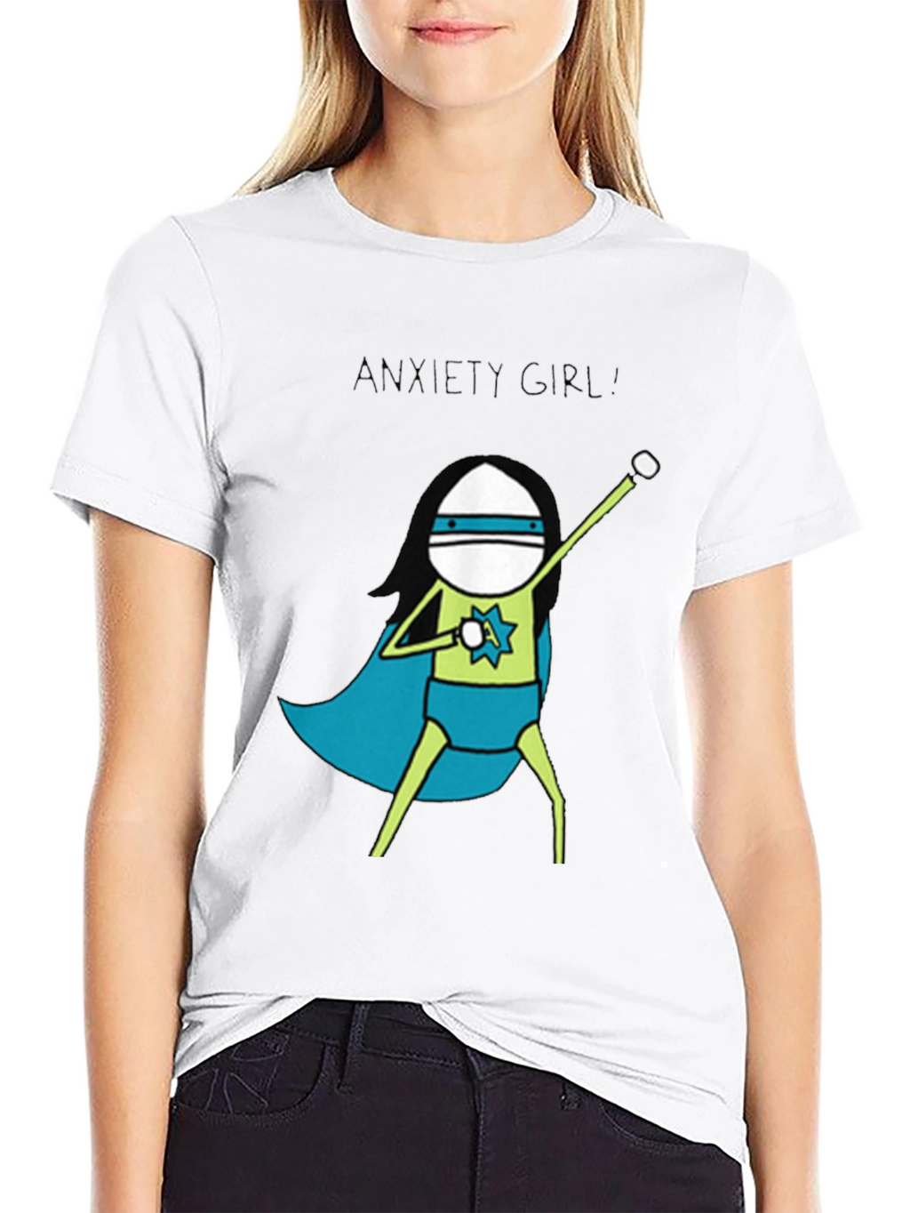 Anxiety Girl Superhero Graphic Tee - Black Cotton T-Shirt