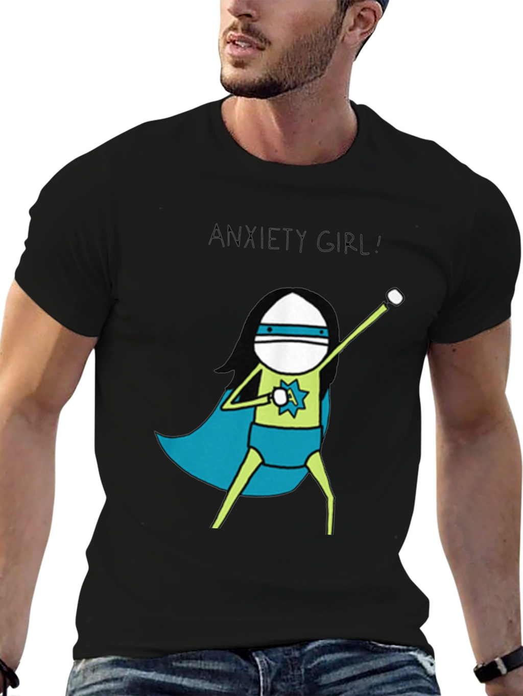 Anxiety Girl Superhero Graphic Tee - Black Cotton T-Shirt