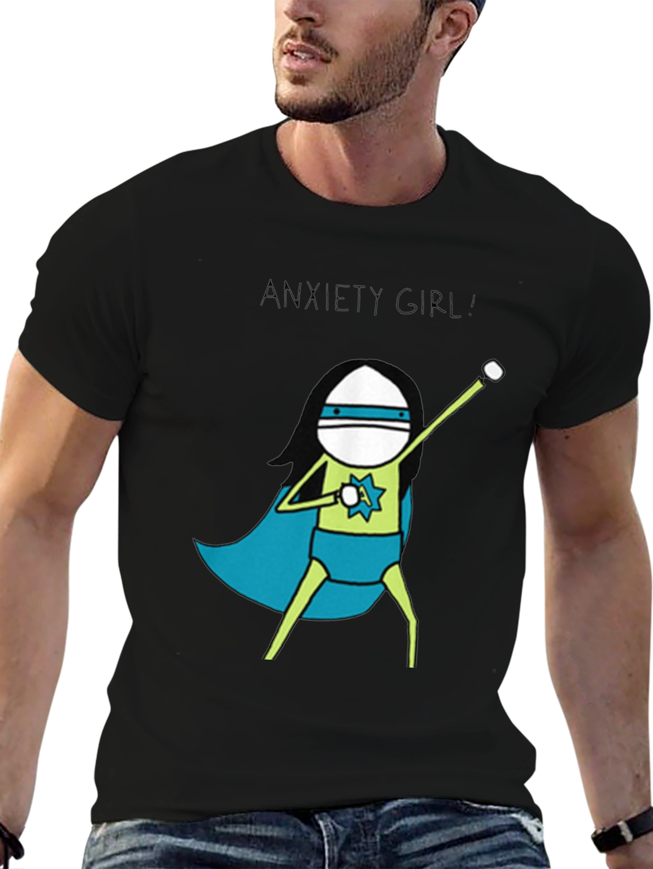 Anxiety Girl Superhero Graphic Tee - Black Cotton T-Shirt