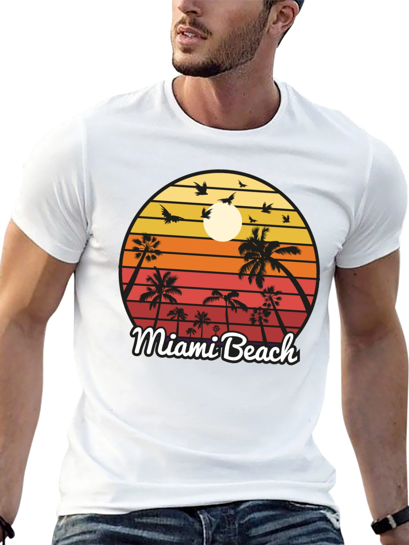 Miami Beach T-Shirt Sunset Palm Tree Design