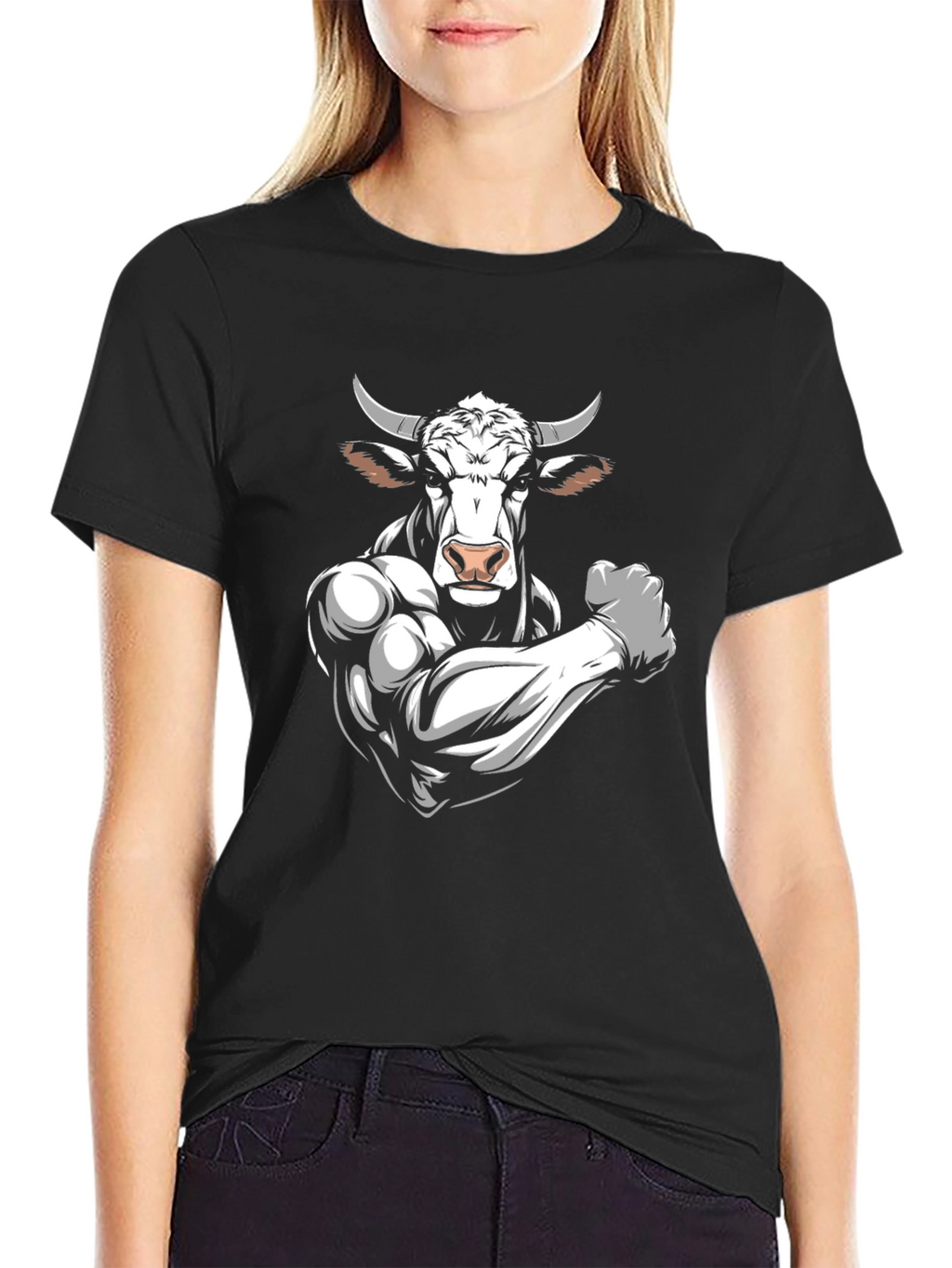 Black T-Shirt with Muscular Bull Graphic