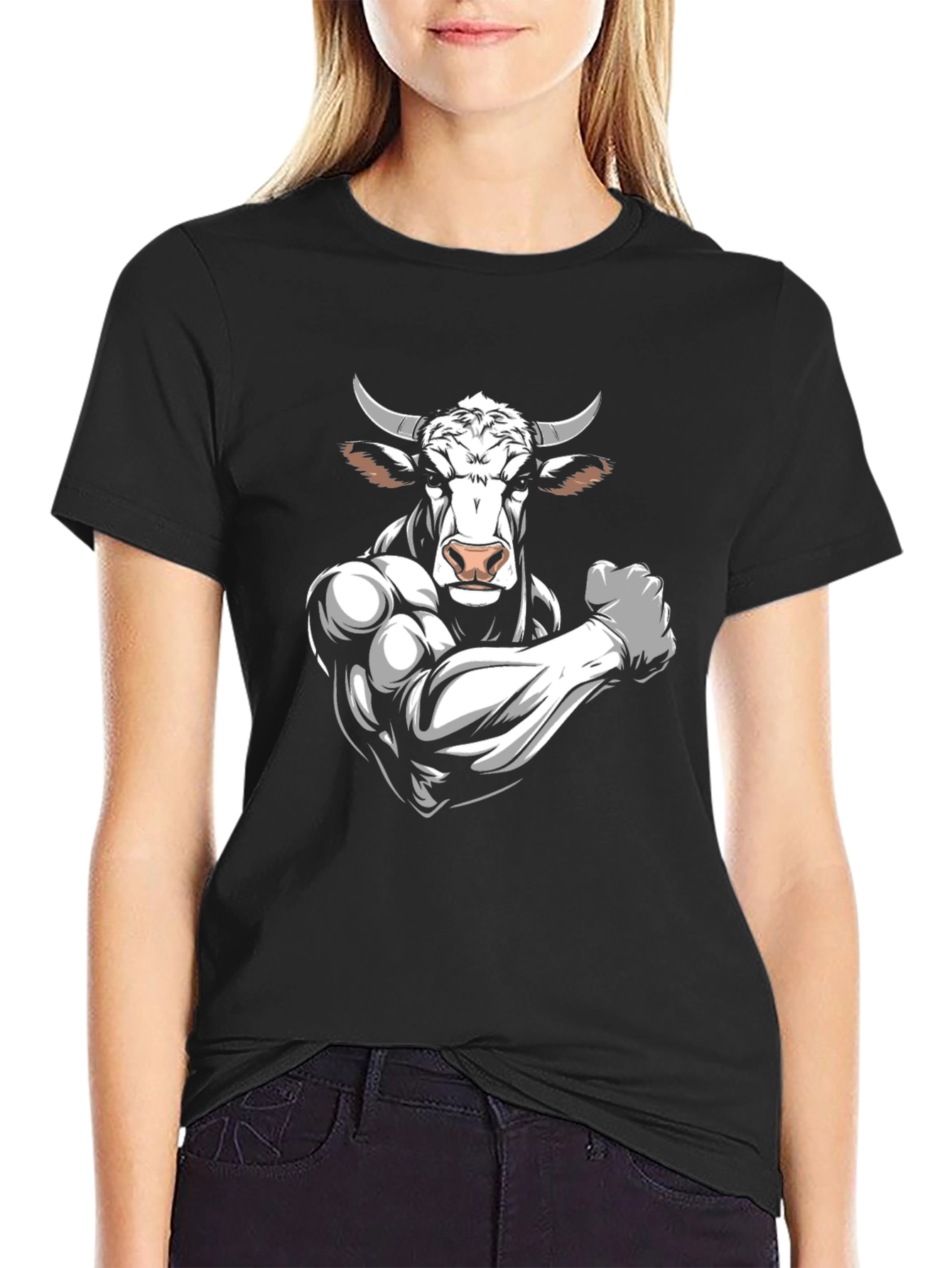 Black T-Shirt with Muscular Bull Graphic