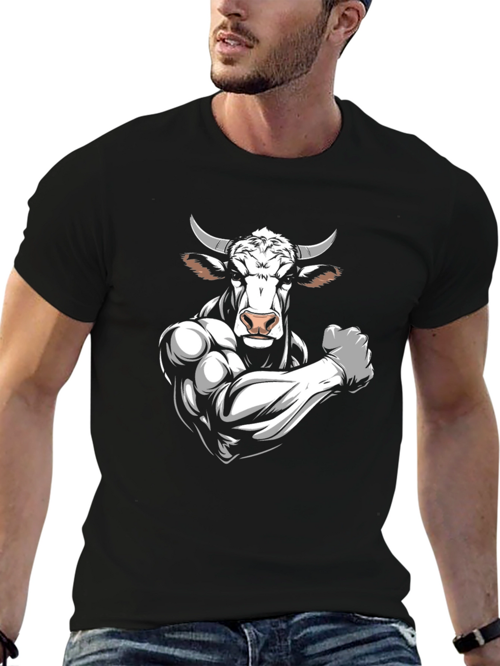Black T-Shirt with Muscular Bull Graphic