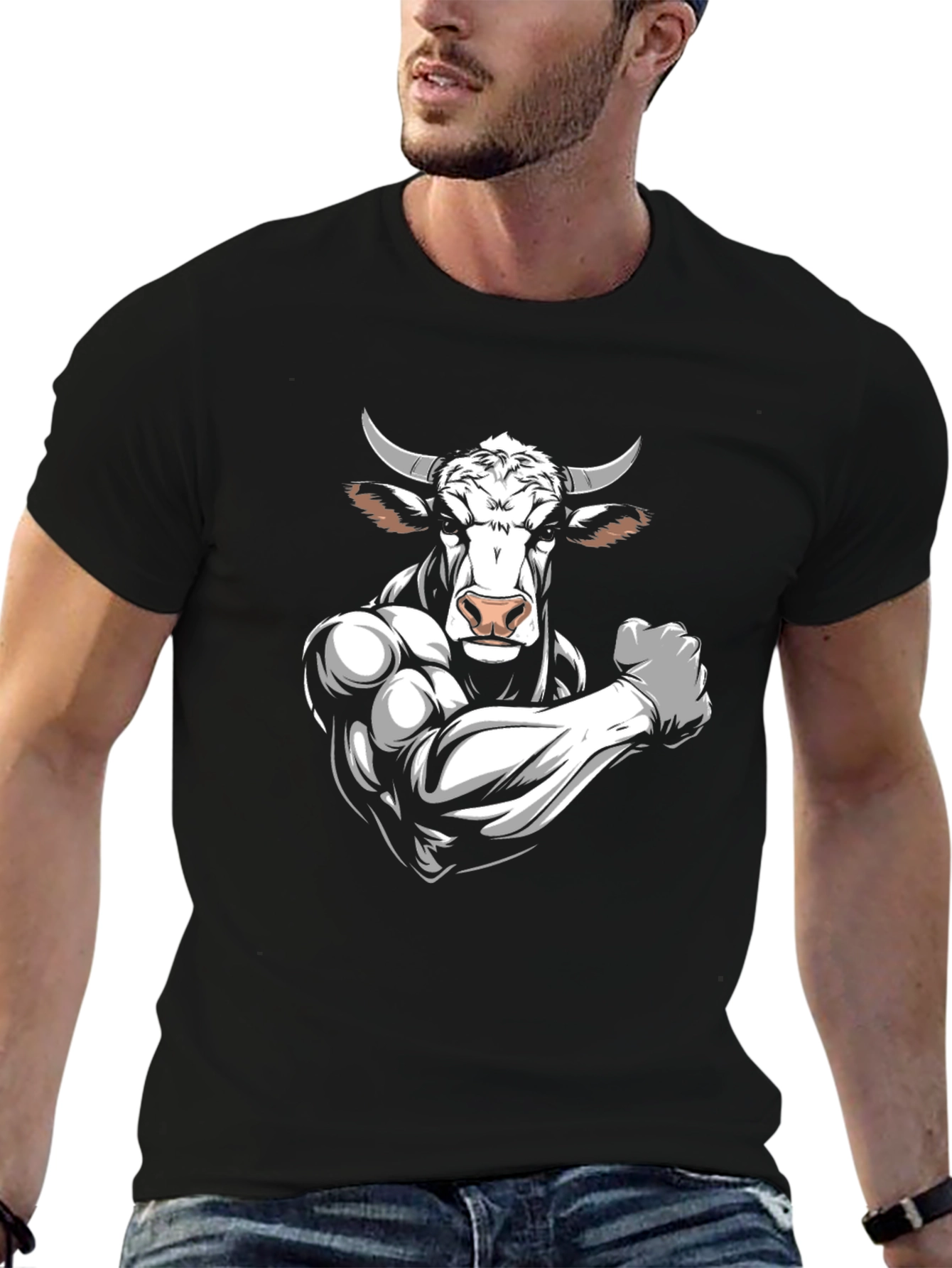 Black T-Shirt with Muscular Bull Graphic