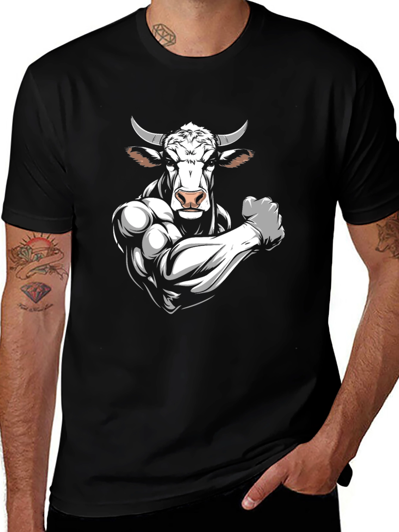 Black T-Shirt with Muscular Bull Graphic