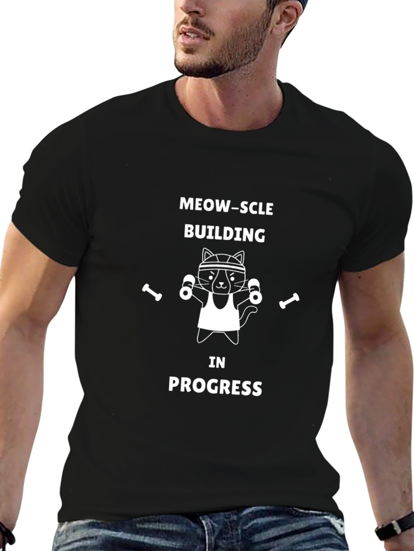 Meow-scle Building Cat Graphic T-Shirt