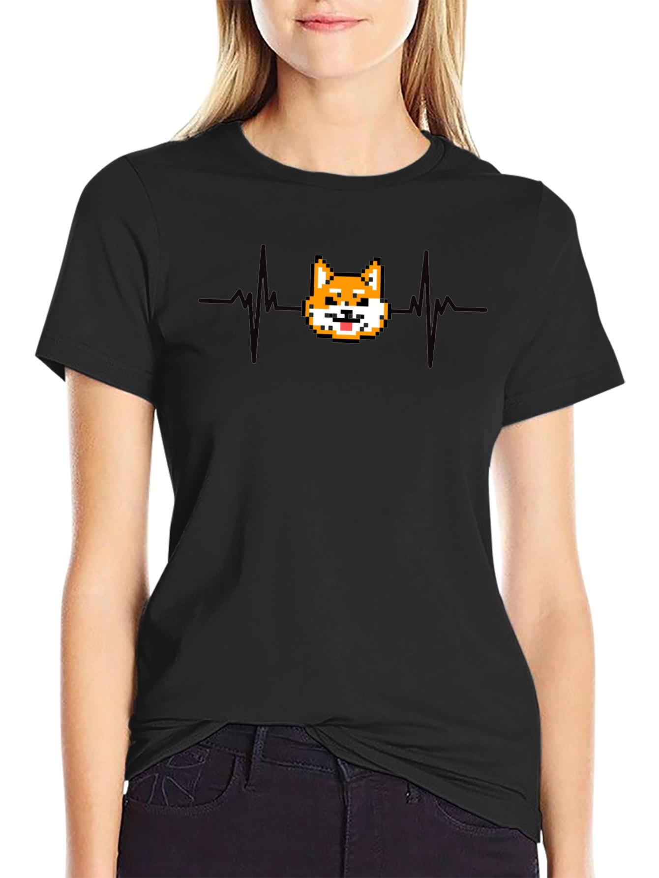 Pixel Doge Heartbeat T-Shirt - Black Cotton Graphic Tee