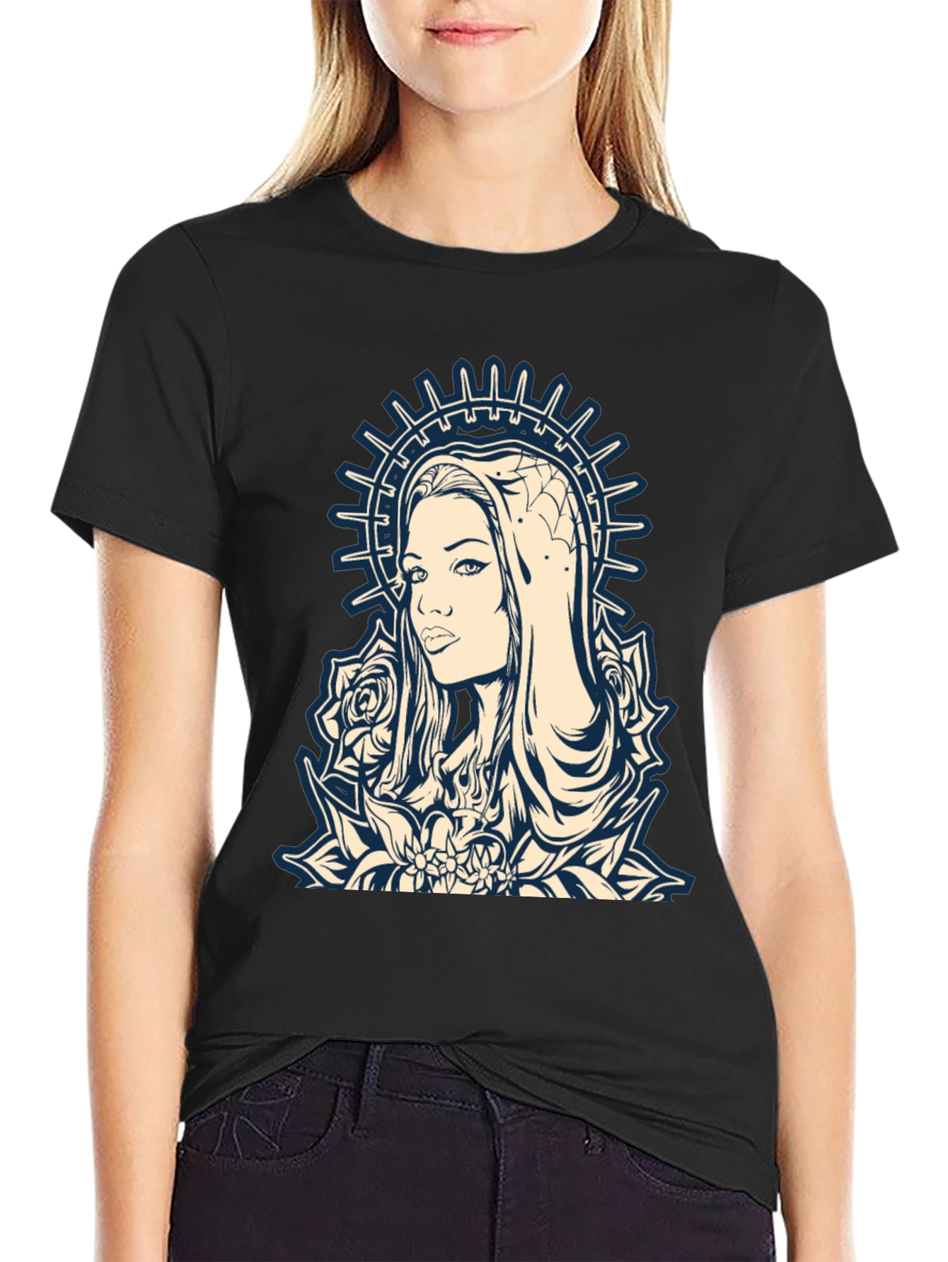 Graphic Tee - Madonna and Roses Black Cotton T-Shirt