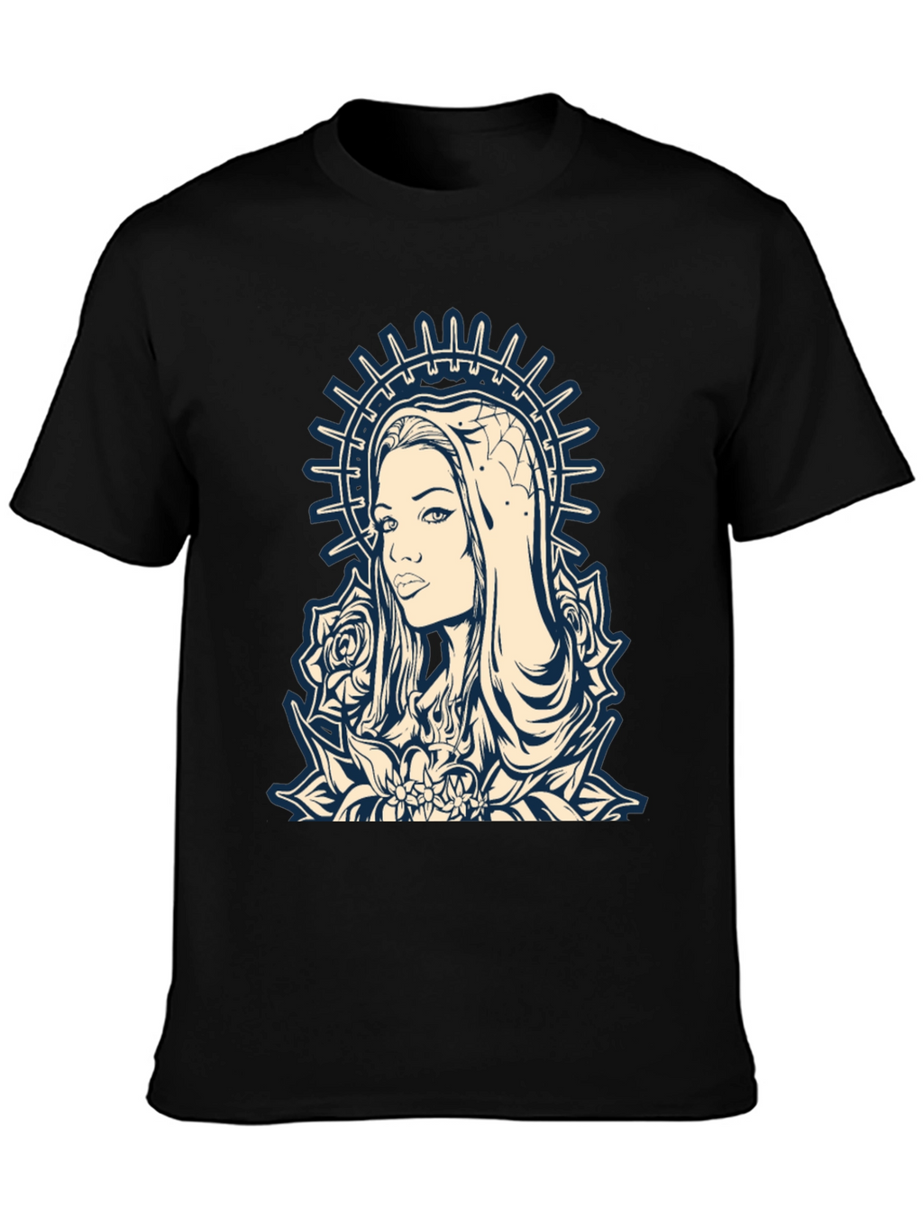 Graphic Tee - Madonna and Roses Black Cotton T-Shirt