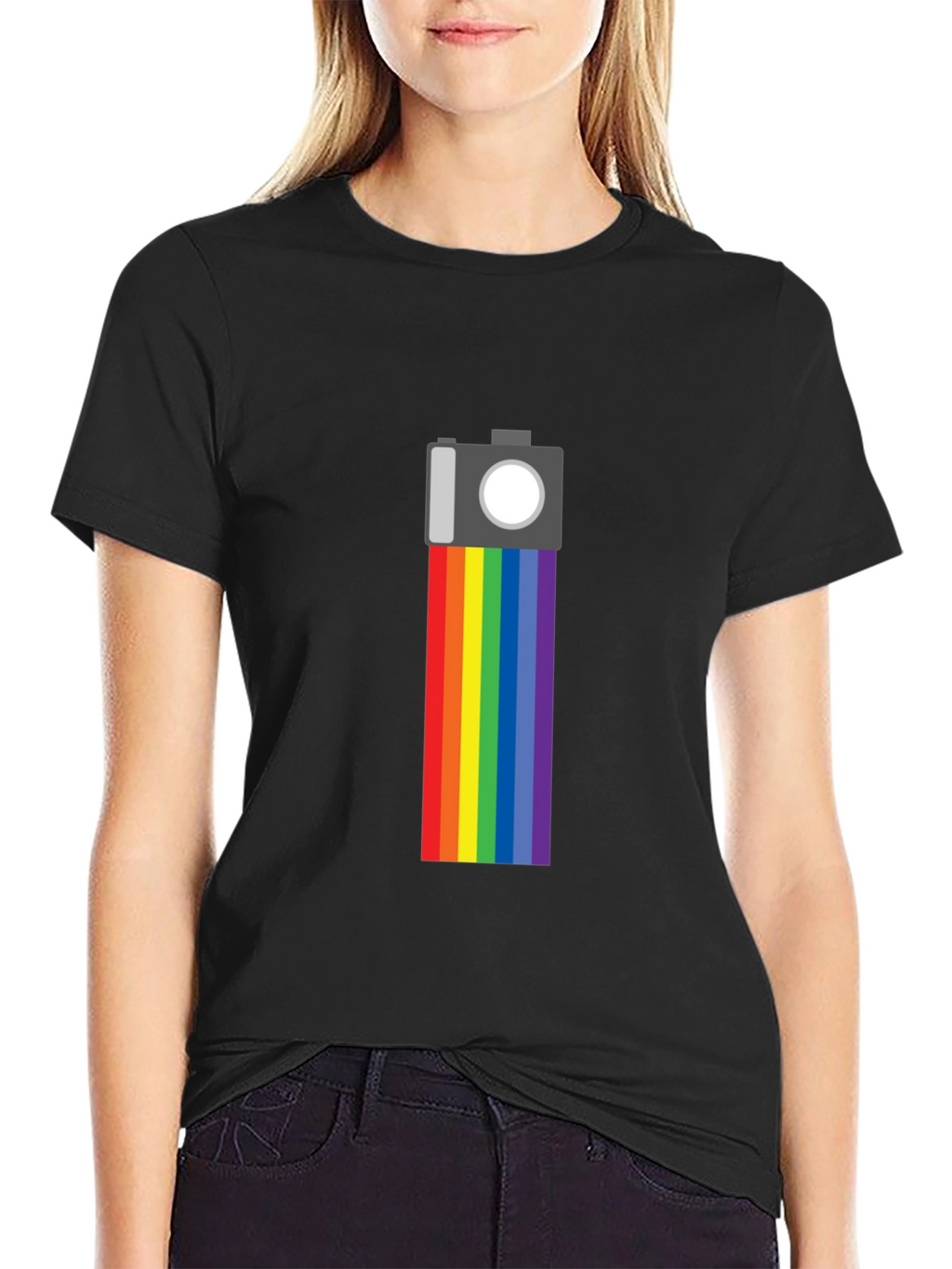 Rainbow Camera Graphic Tee - Black Cotton Shirt