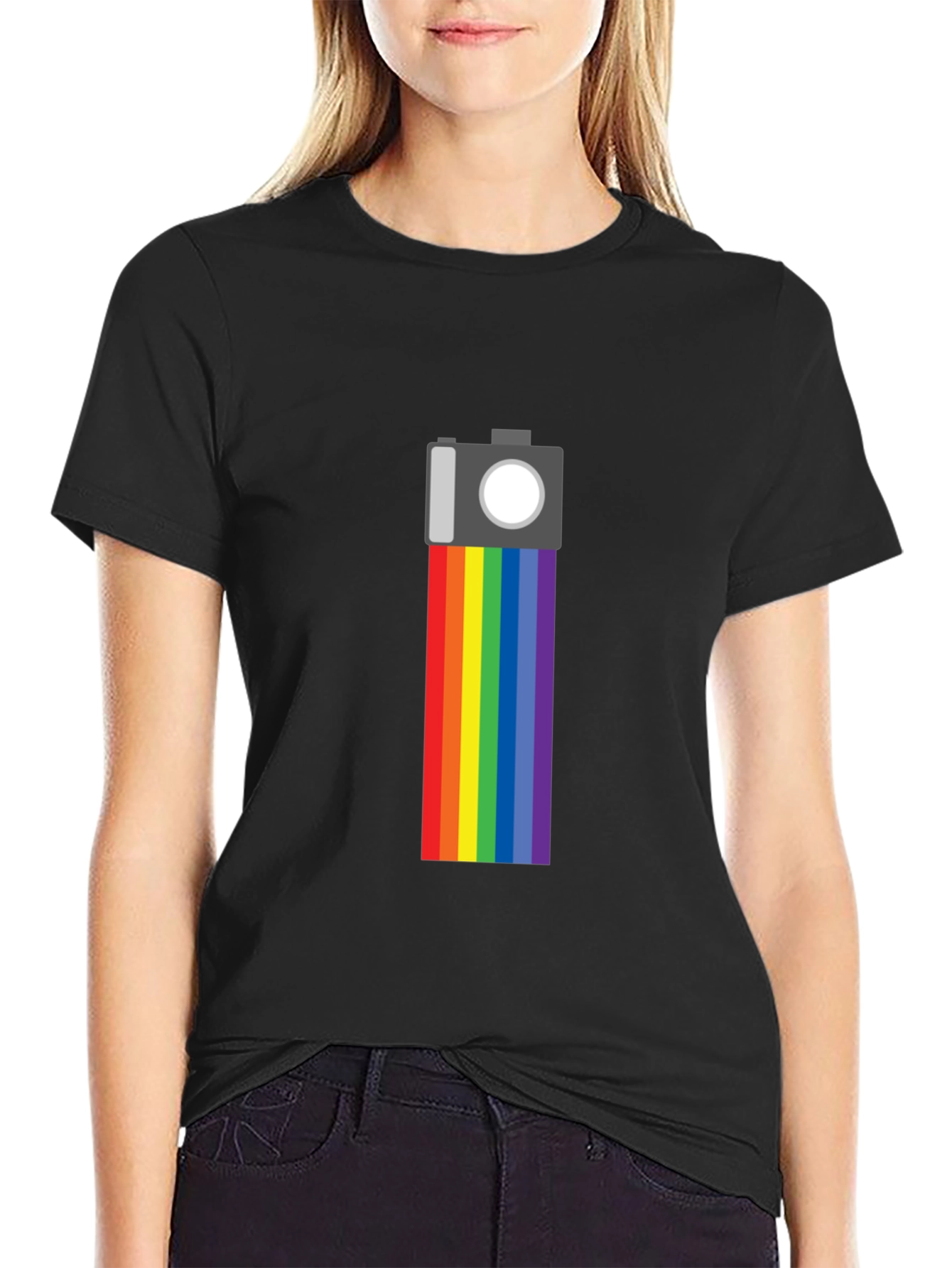 Rainbow Camera Graphic Tee - Black Cotton Shirt