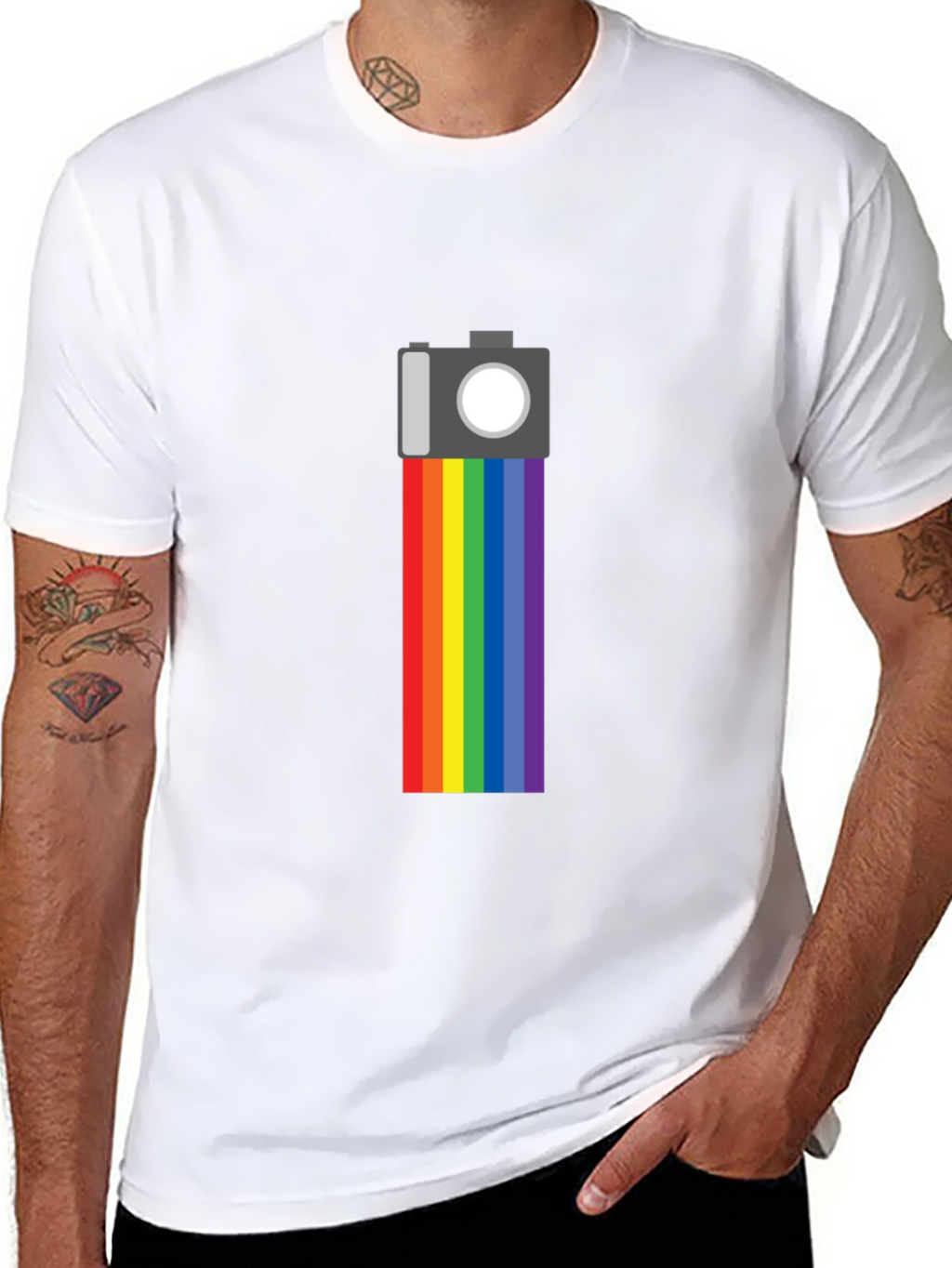 Rainbow Camera Graphic Tee - Black Cotton Shirt