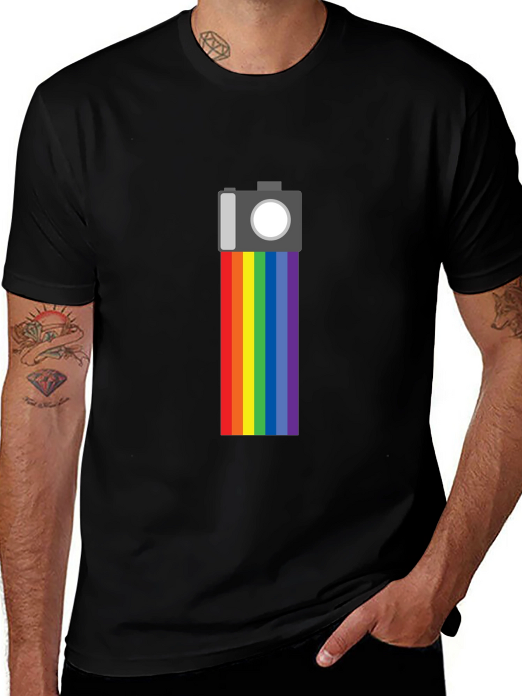 Rainbow Camera Graphic Tee - Black Cotton Shirt