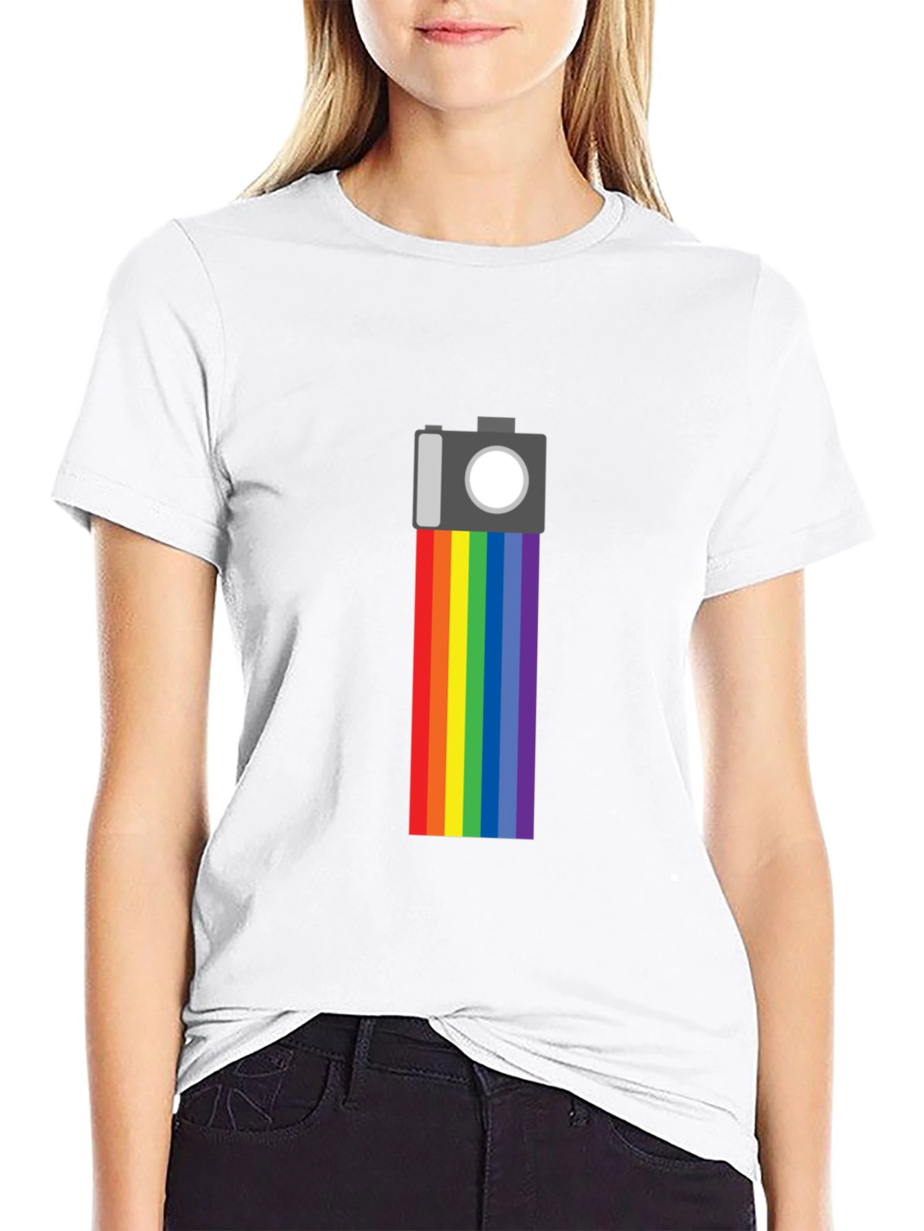 Rainbow Camera Graphic Tee - Black Cotton Shirt