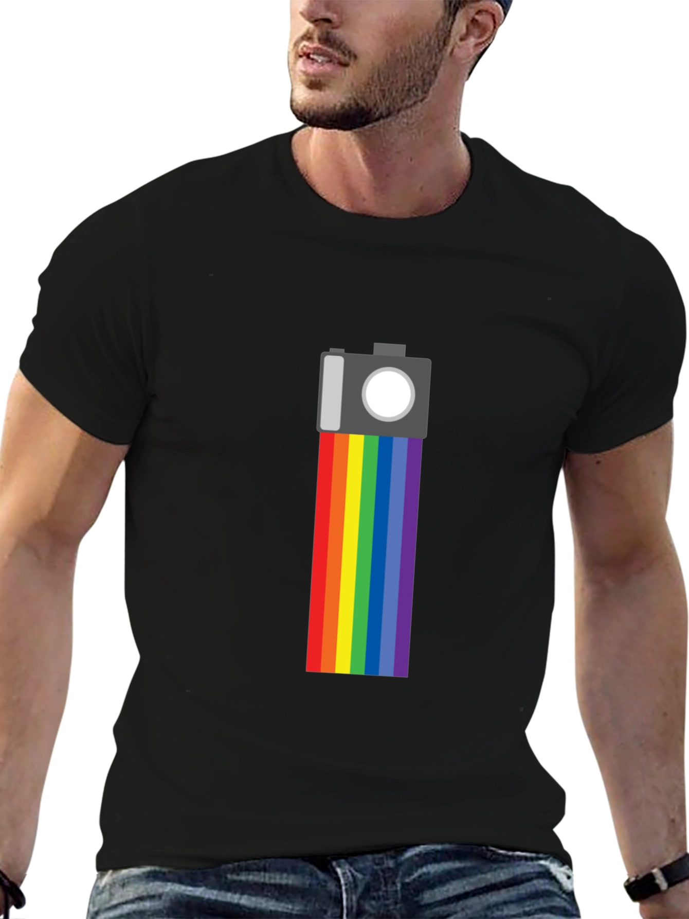 Rainbow Camera Graphic Tee - Black Cotton Shirt