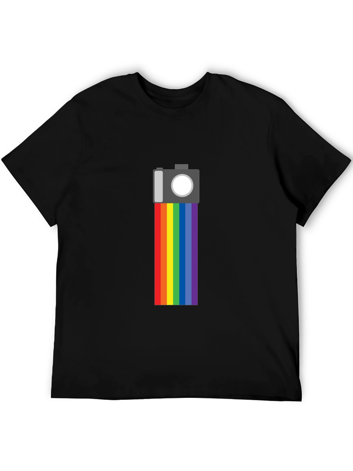 Rainbow Camera Graphic Tee - Black Cotton Shirt