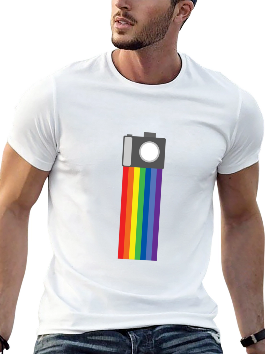 Rainbow Camera Graphic Tee - Black Cotton Shirt