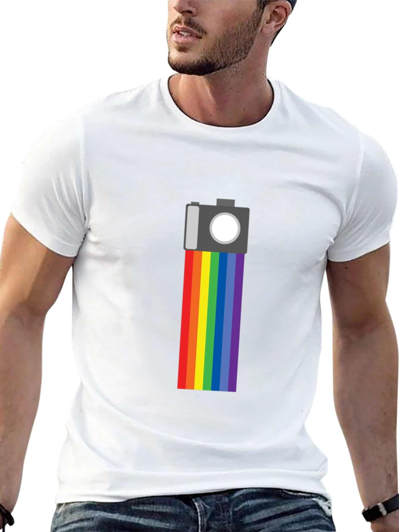 Rainbow Camera Graphic Tee - Black Cotton Shirt