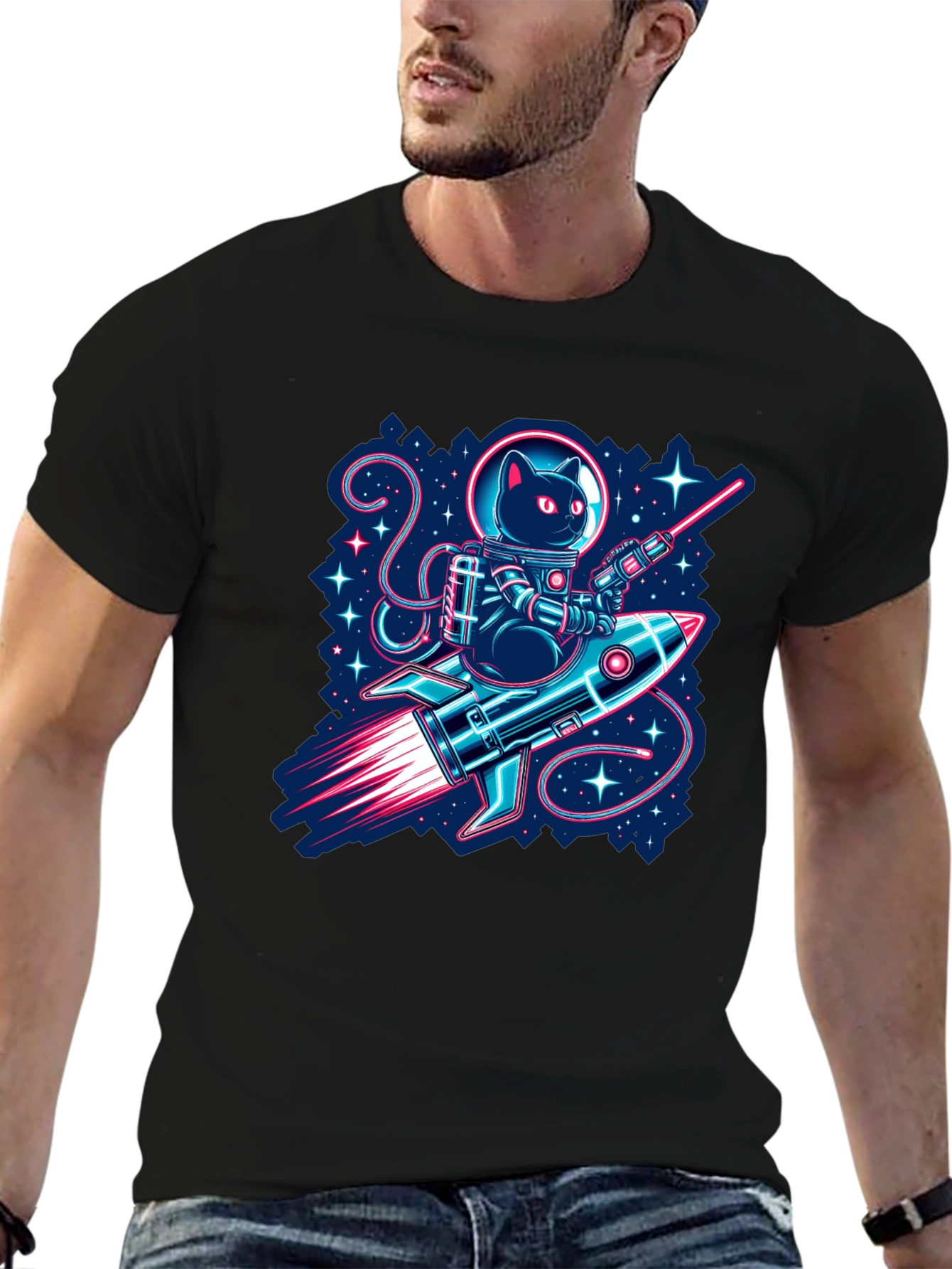 Astronaut Cat Riding Rocket T-Shirt