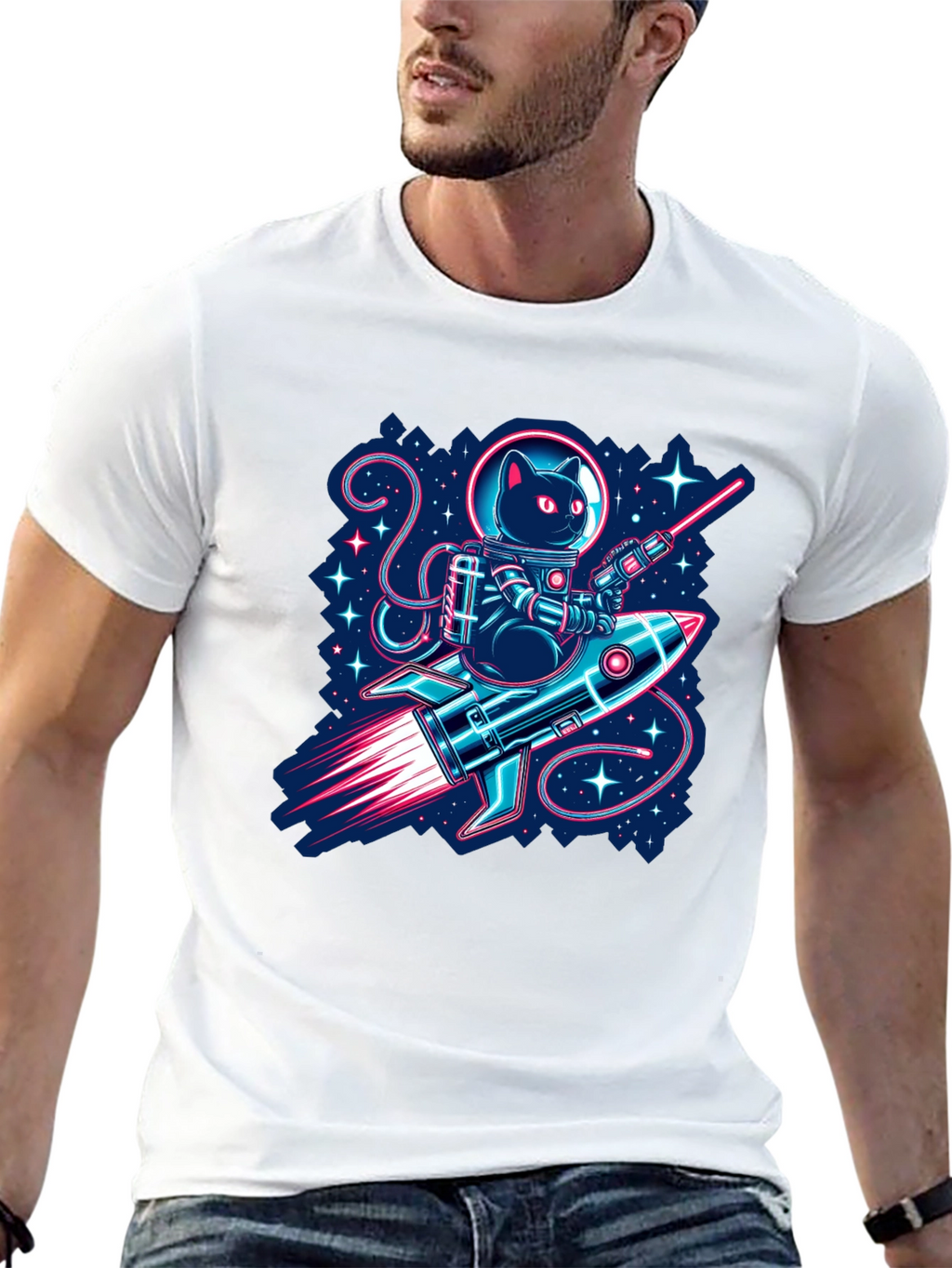 Astronaut Cat Riding Rocket T-Shirt