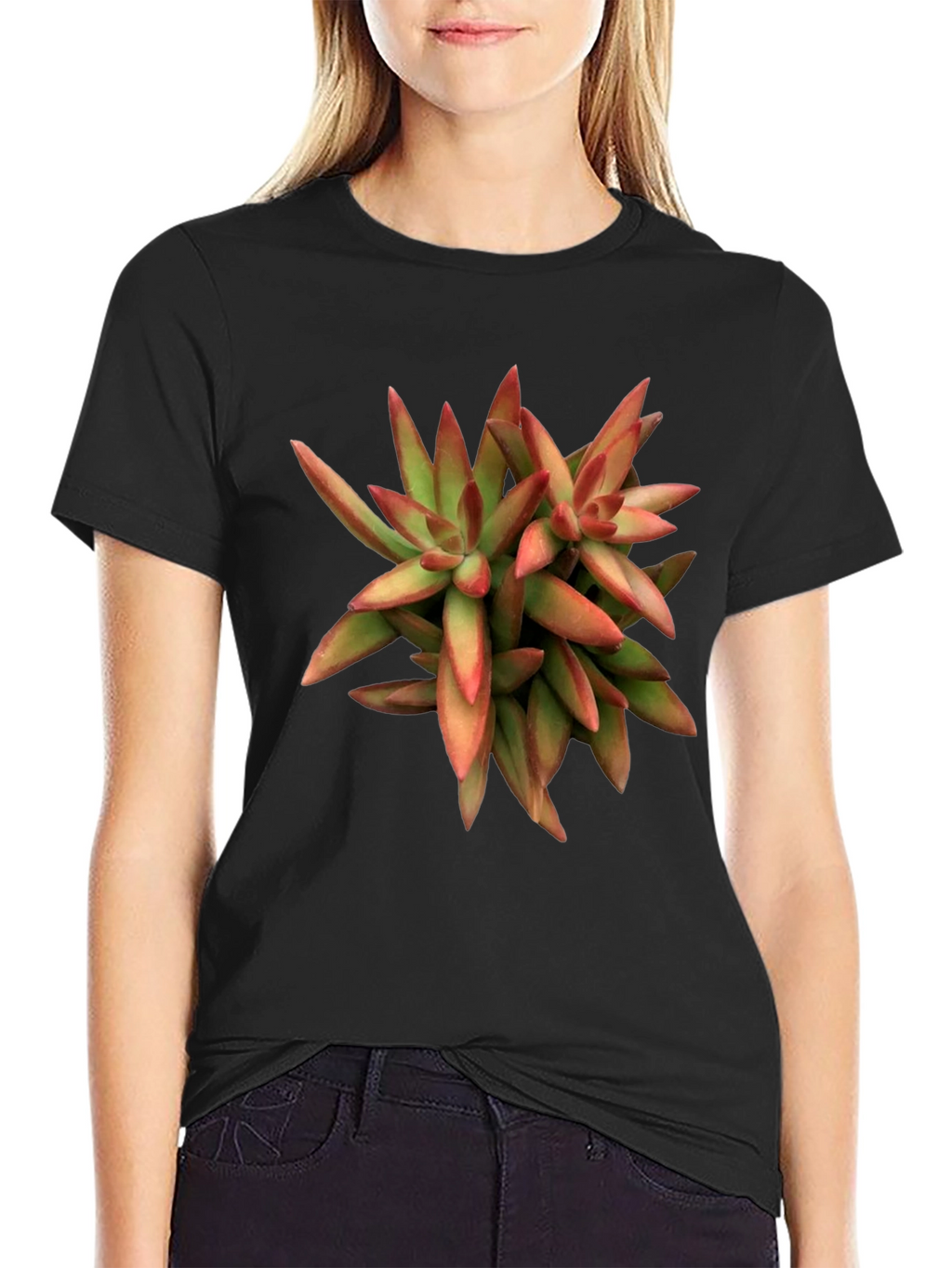 Succulent Plant Graphic Print Black T-Shirt