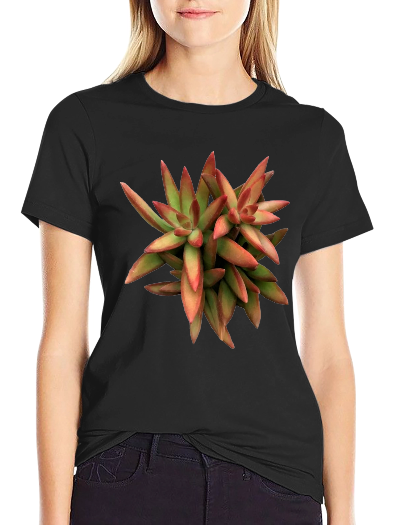 Succulent Plant Graphic Print Black T-Shirt