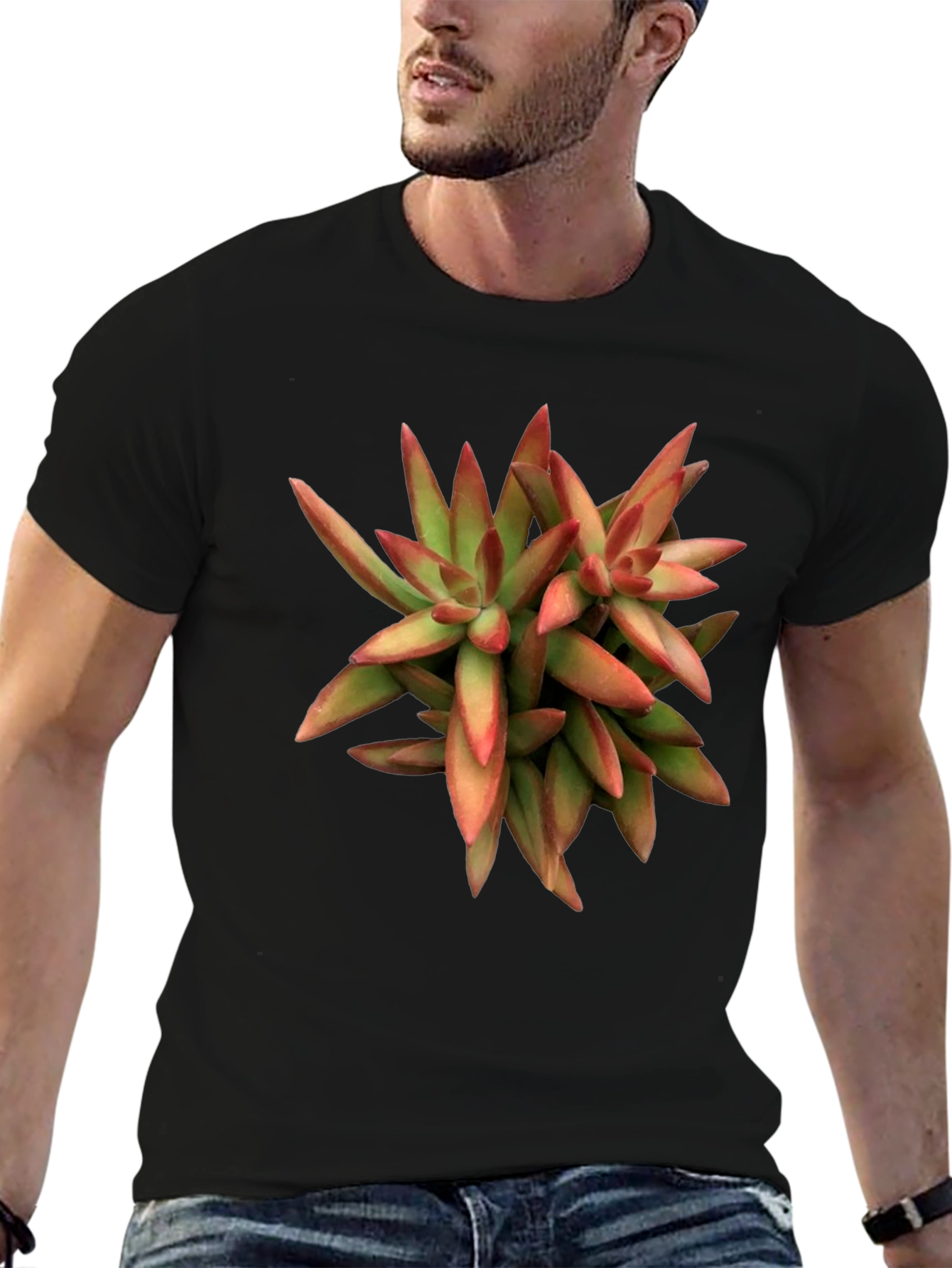 Succulent Plant Graphic Print Black T-Shirt