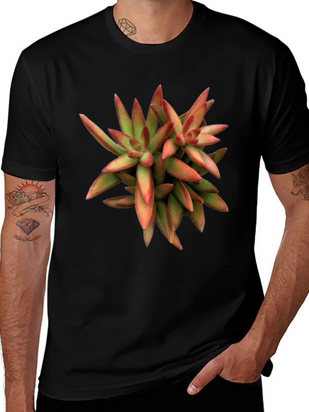 Succulent Plant Graphic Print Black T-Shirt