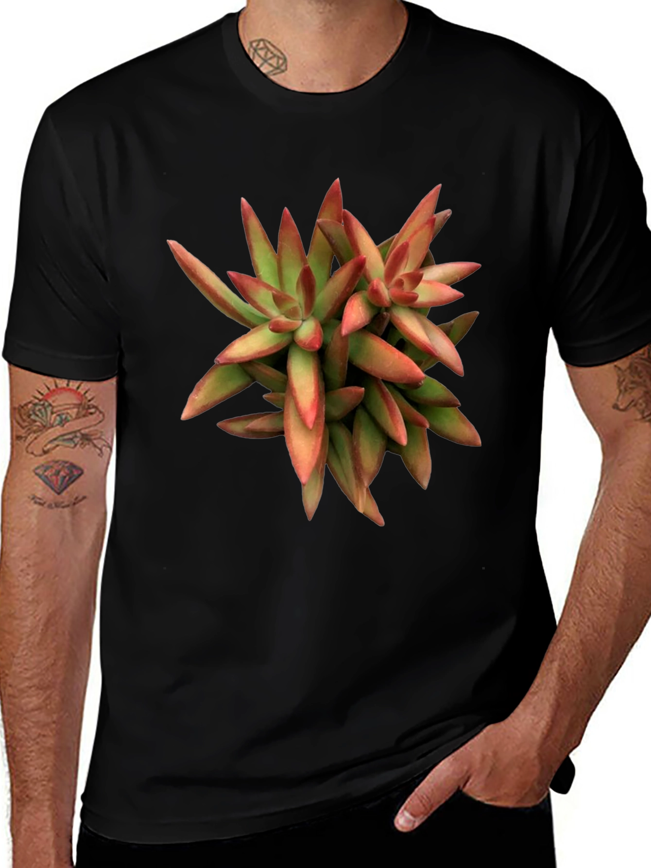 Succulent Plant Graphic Print Black T-Shirt