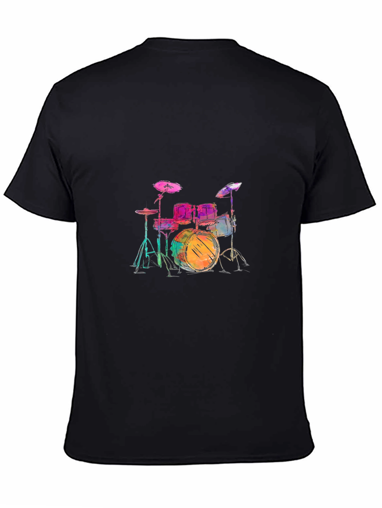 Colorful Drum Set Graphic Tee - Black Casual T-Shirt