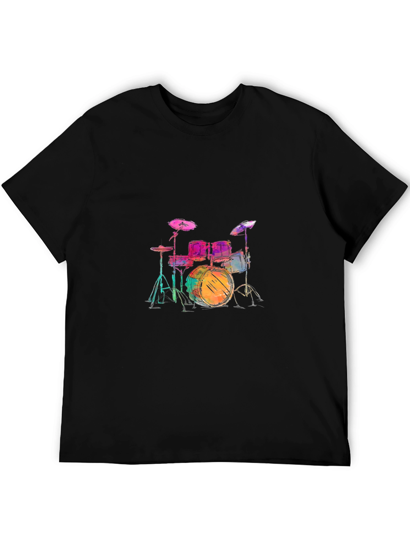 Colorful Drum Set Graphic Tee - Black Casual T-Shirt