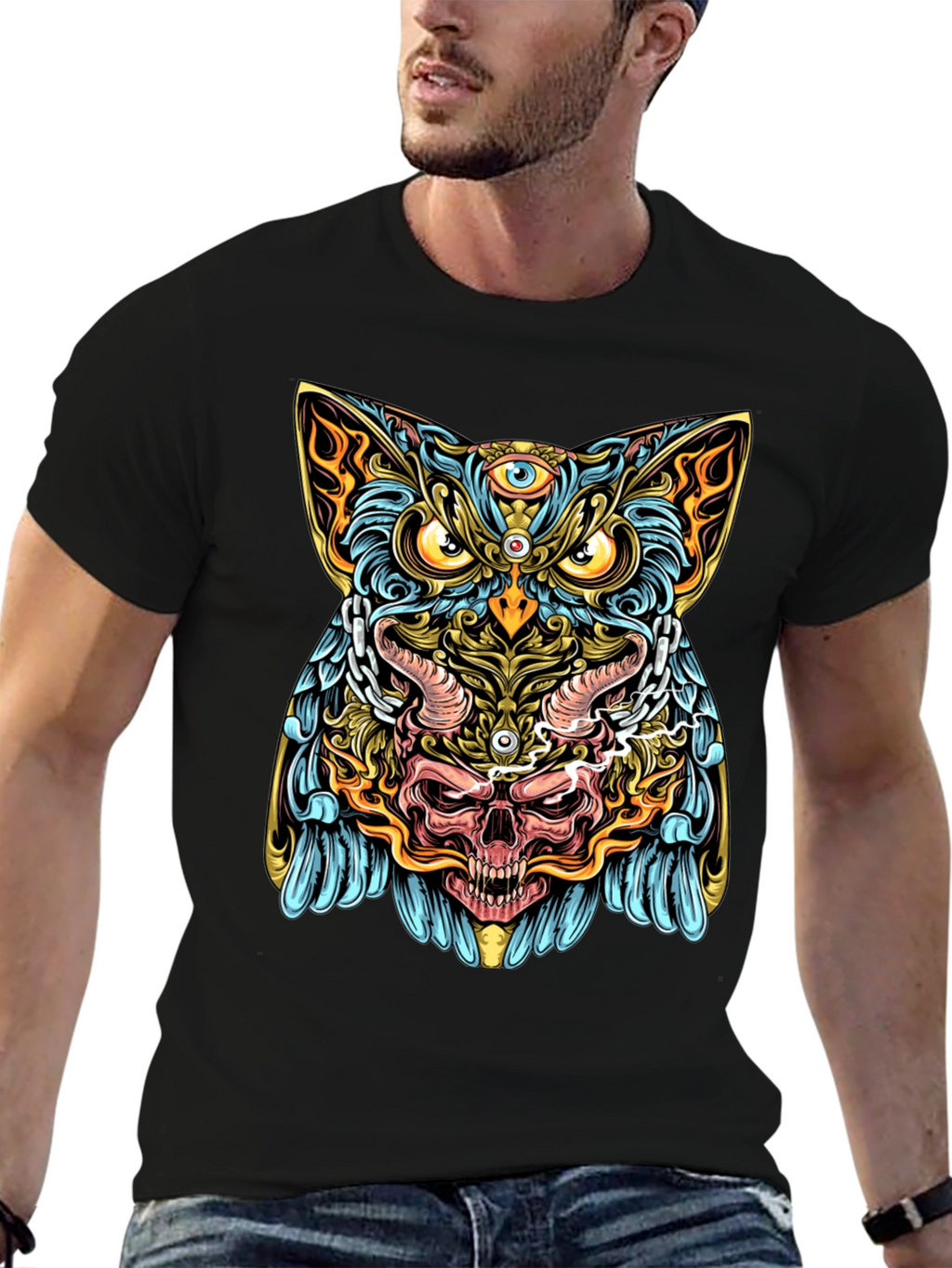Mystic Owl Skull Graphic Tee - Mens Black T-Shirt