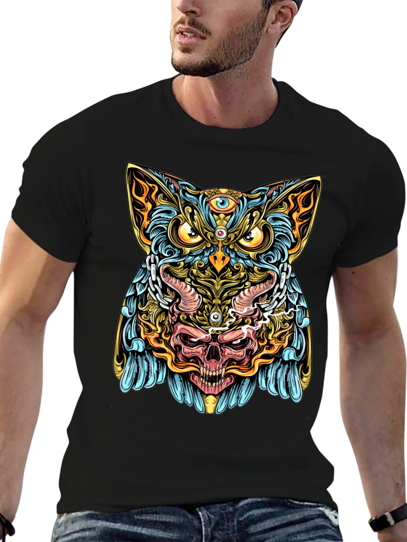 Mystic Owl Skull Graphic Tee - Mens Black T-Shirt
