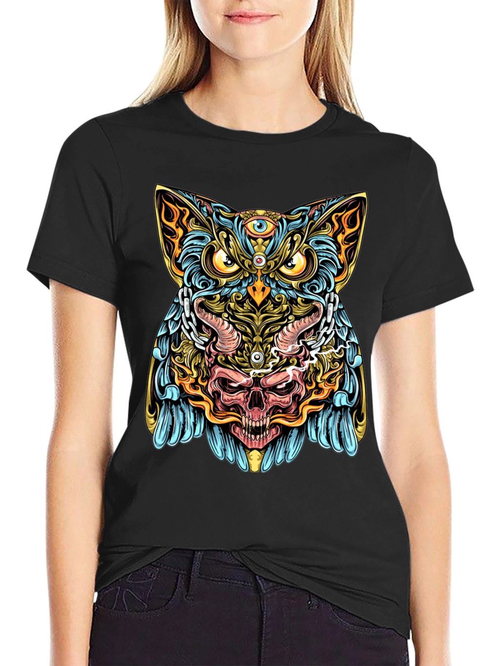 Mystic Owl Skull Graphic Tee - Mens Black T-Shirt