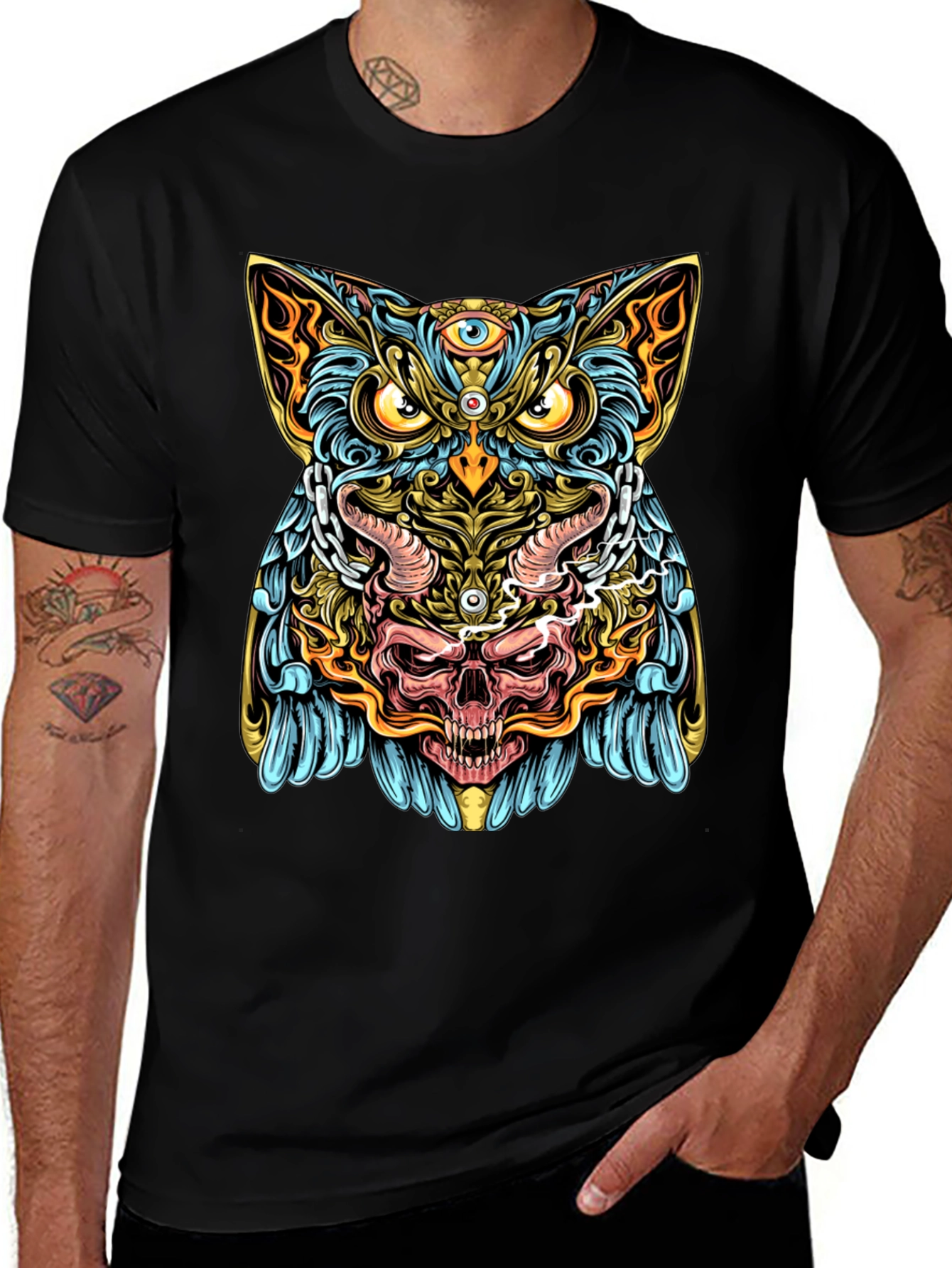 Mystic Owl Skull Graphic Tee - Mens Black T-Shirt