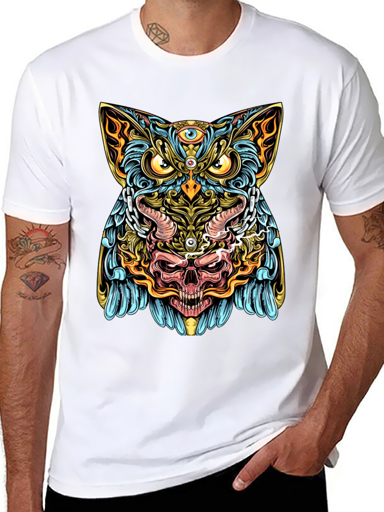 Mystic Owl Skull Graphic Tee - Mens Black T-Shirt
