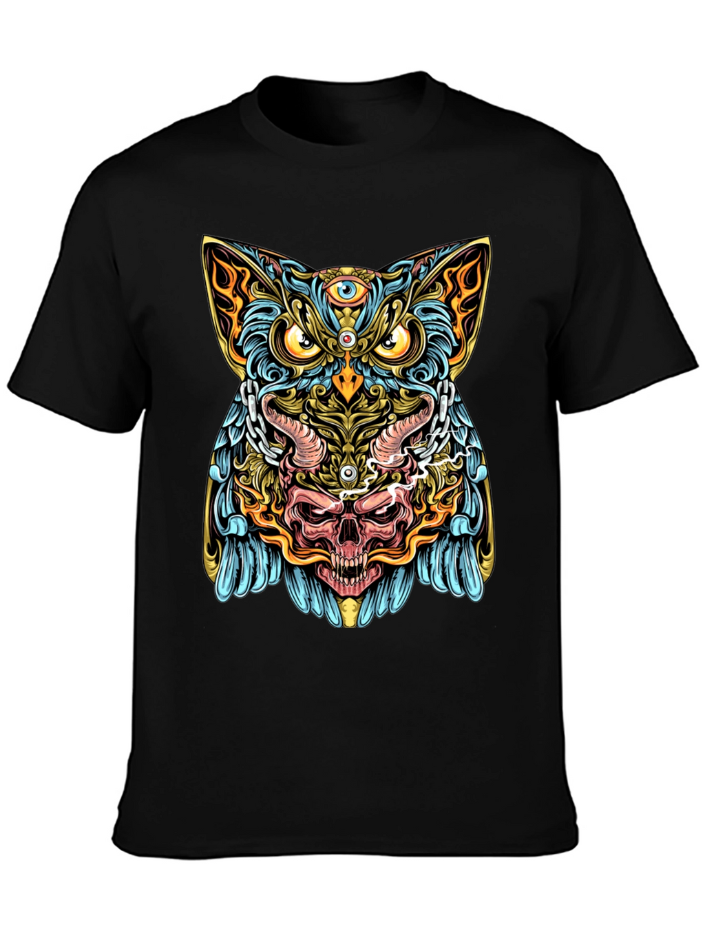 Mystic Owl Skull Graphic Tee - Mens Black T-Shirt