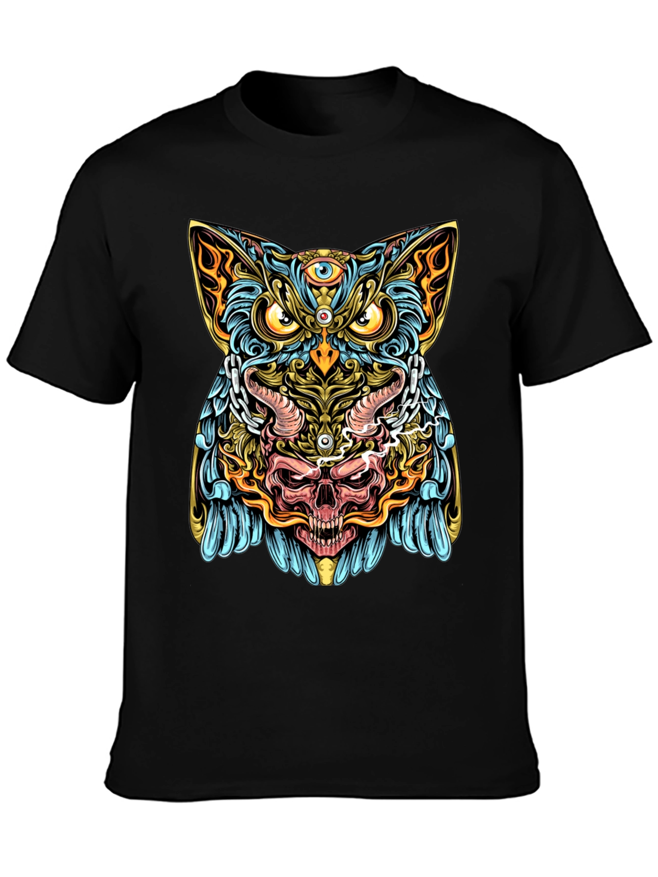 Mystic Owl Skull Graphic Tee - Mens Black T-Shirt