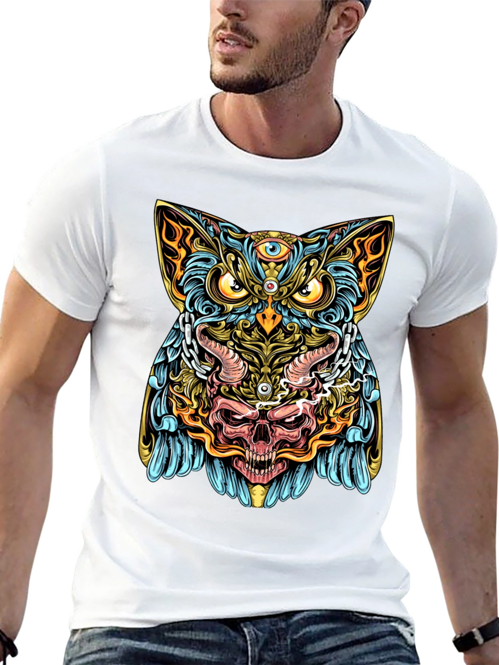 Mystic Owl Skull Graphic Tee - Mens Black T-Shirt