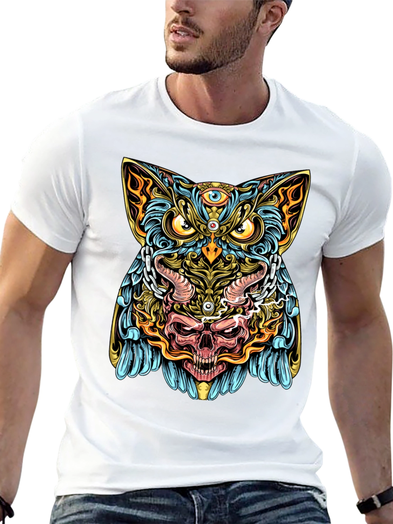 Mystic Owl Skull Graphic Tee - Mens Black T-Shirt