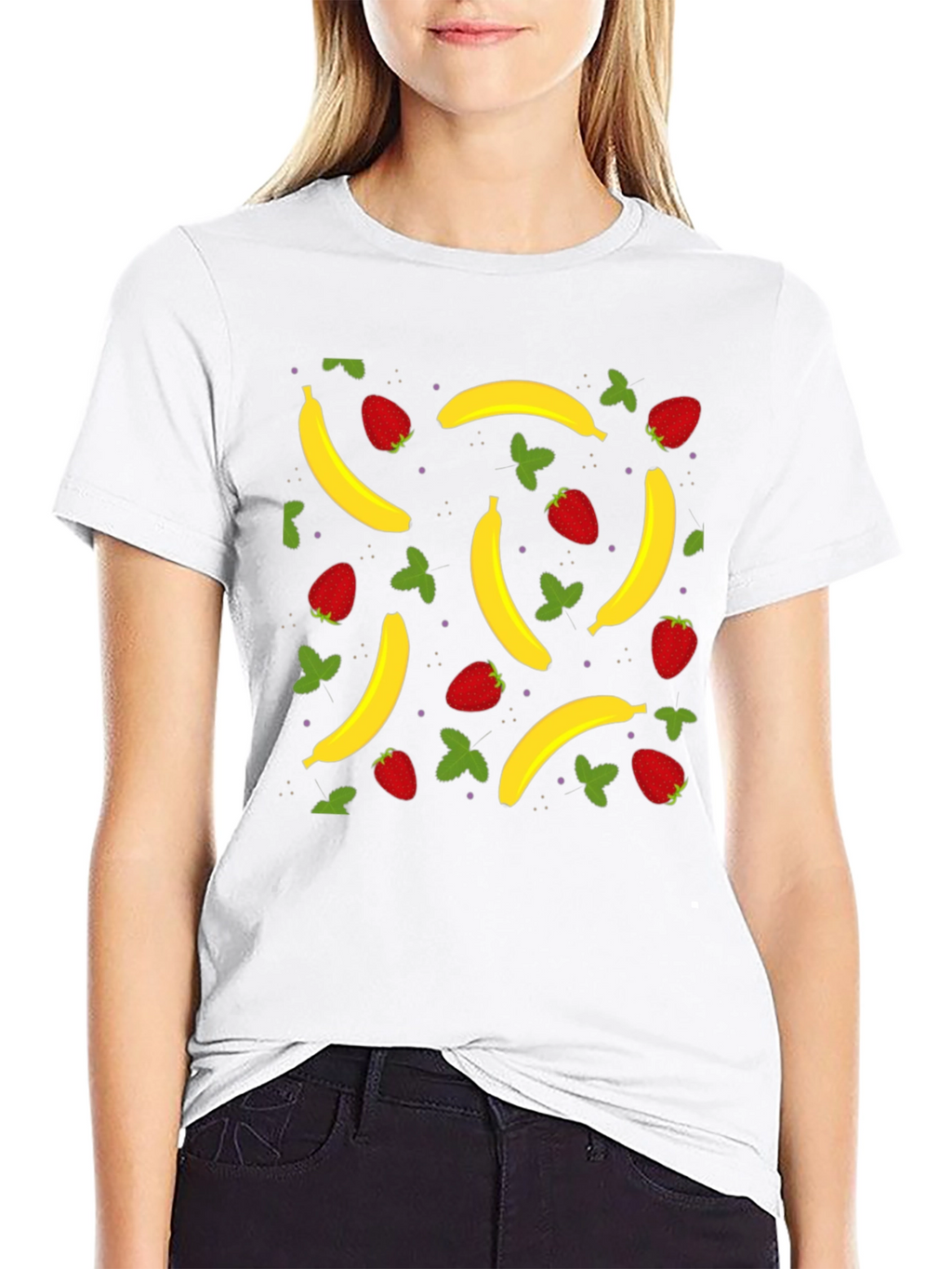 Banana Strawberry Pattern Black T-Shirt