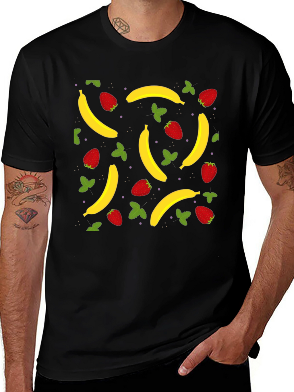 Banana Strawberry Pattern Black T-Shirt