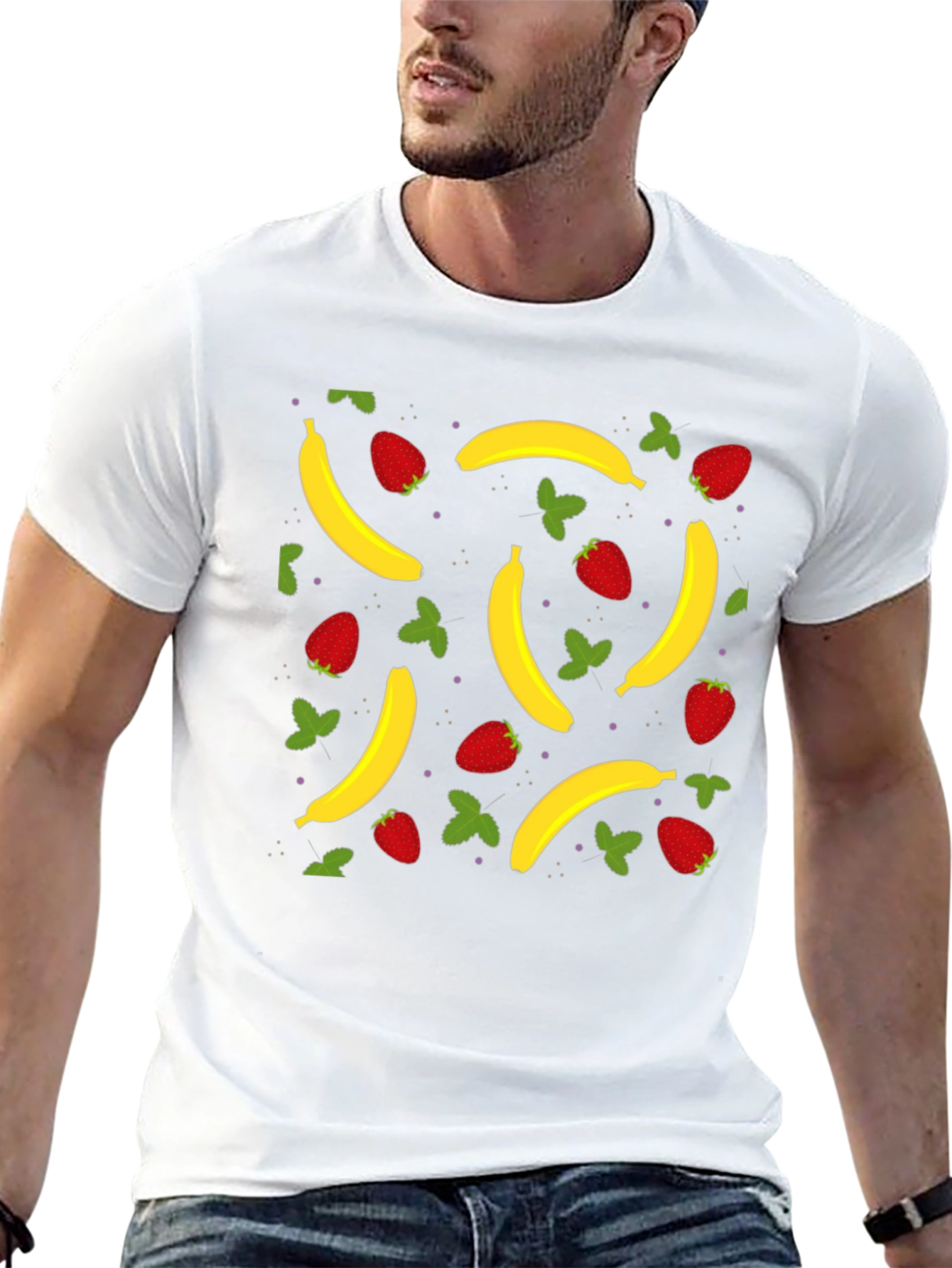 Banana Strawberry Pattern Black T-Shirt