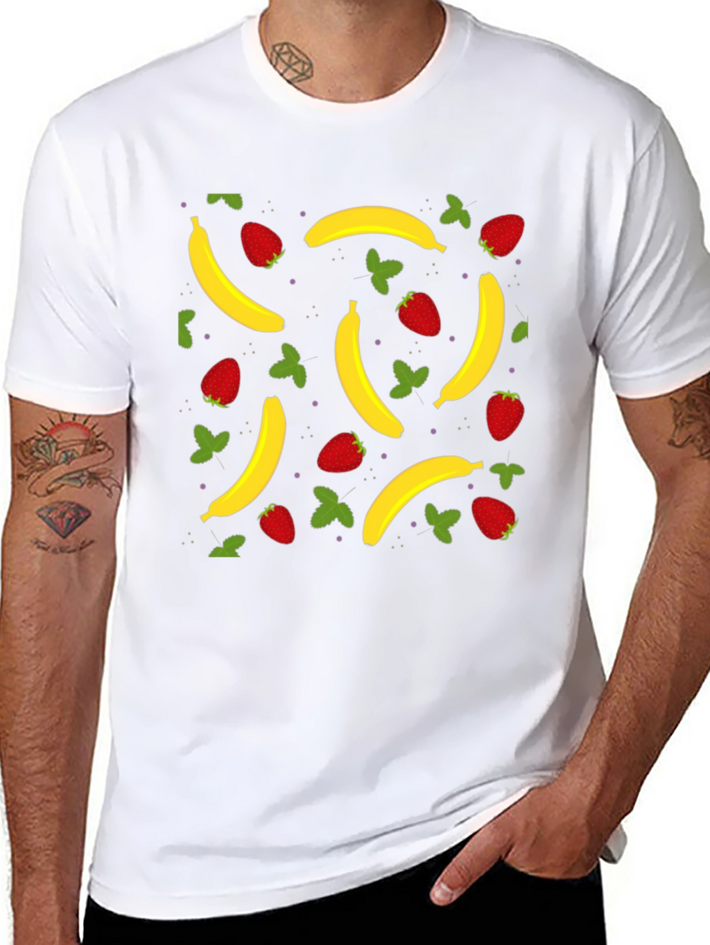 Banana Strawberry Pattern Black T-Shirt