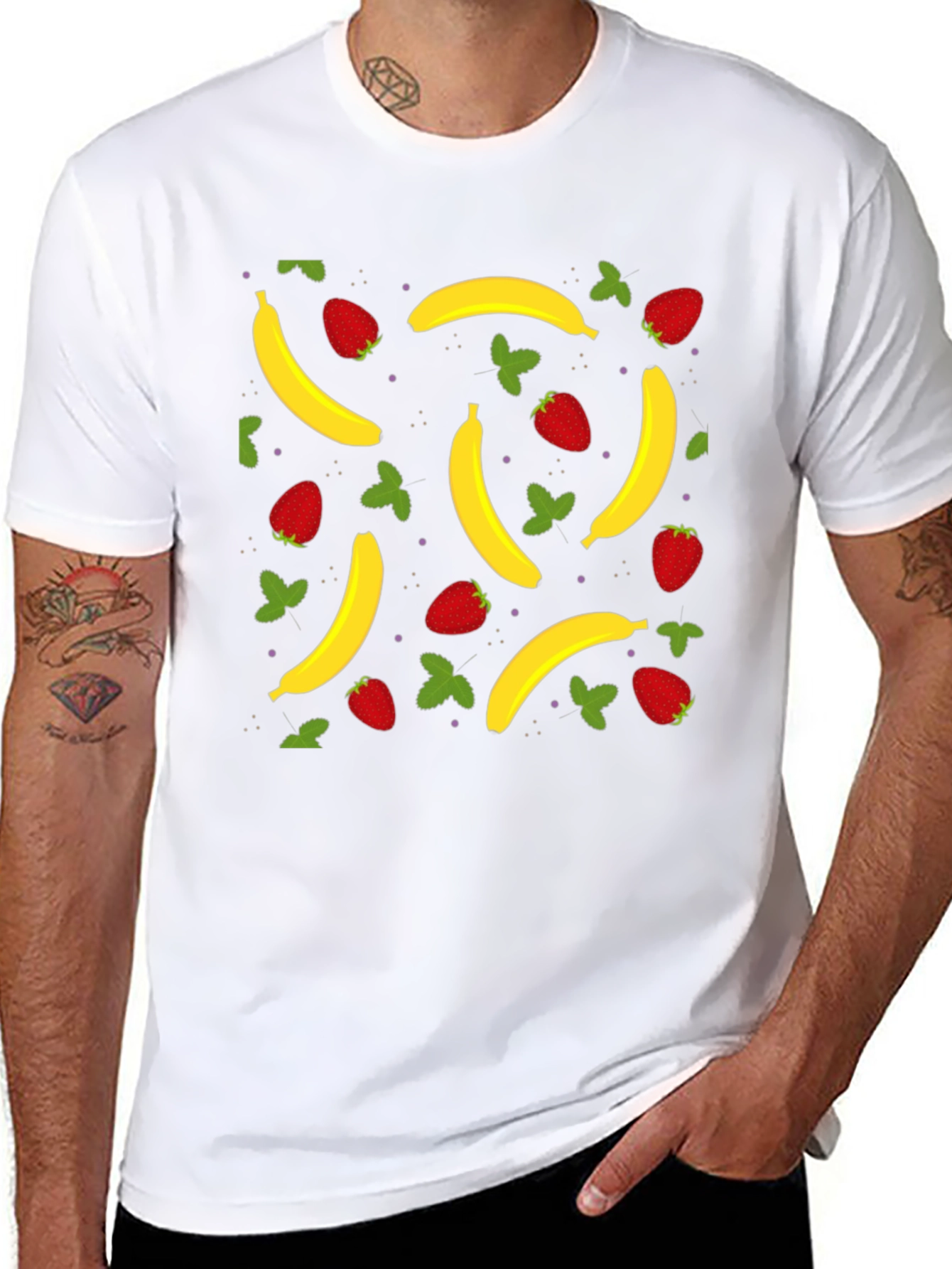 Banana Strawberry Pattern Black T-Shirt