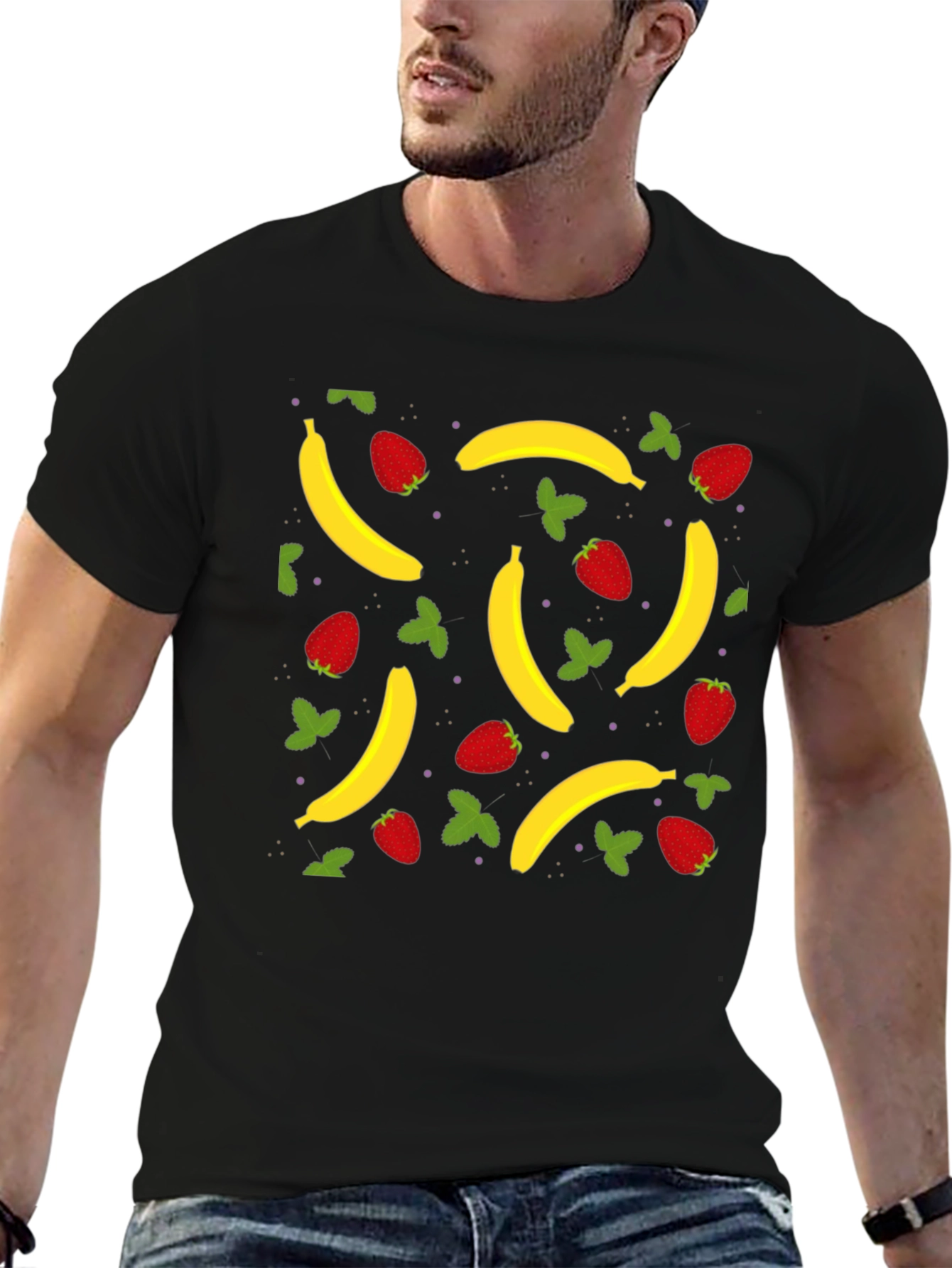 Banana Strawberry Pattern Black T-Shirt