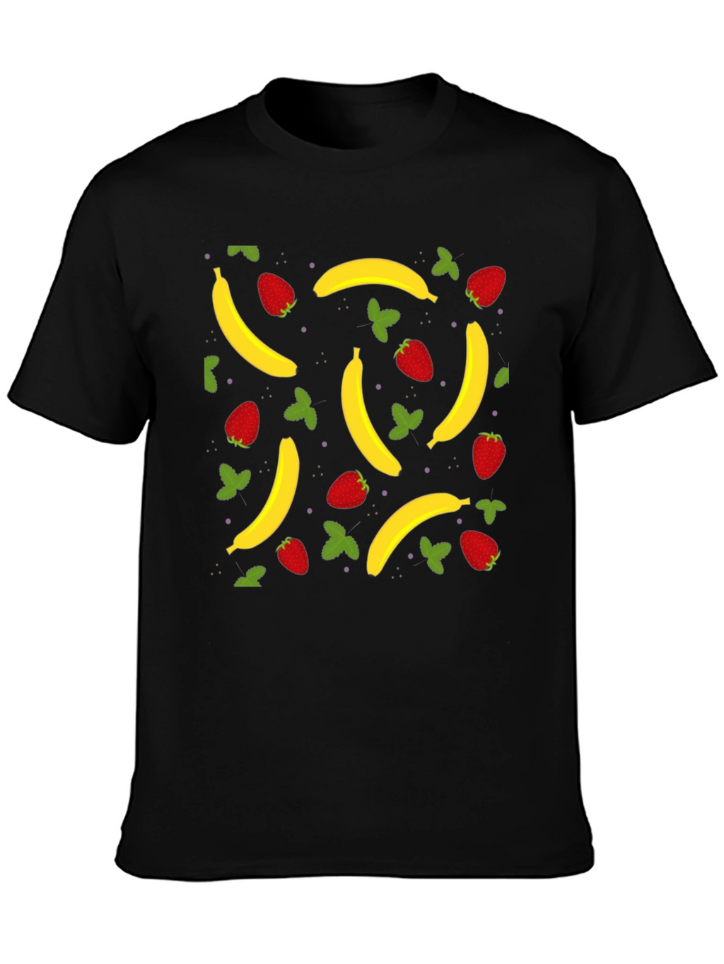 Banana Strawberry Pattern Black T-Shirt