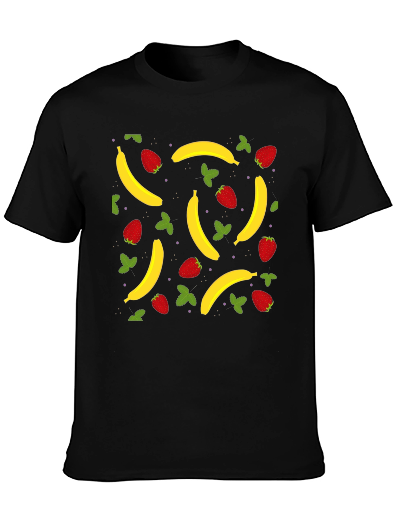 Banana Strawberry Pattern Black T-Shirt